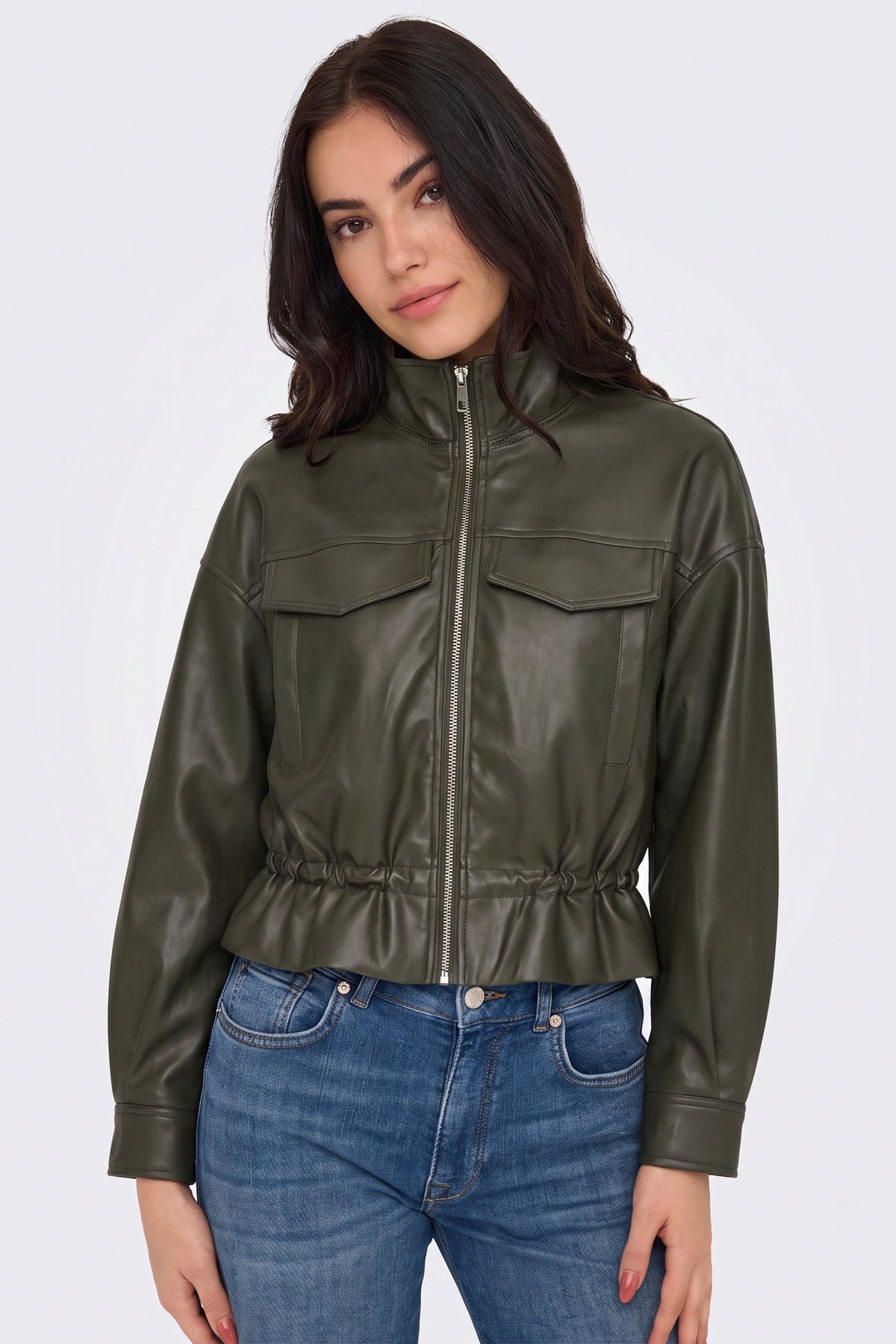 Faux Leather Jacket Khaki Bomber Funnel Neck fabric and fastening detail