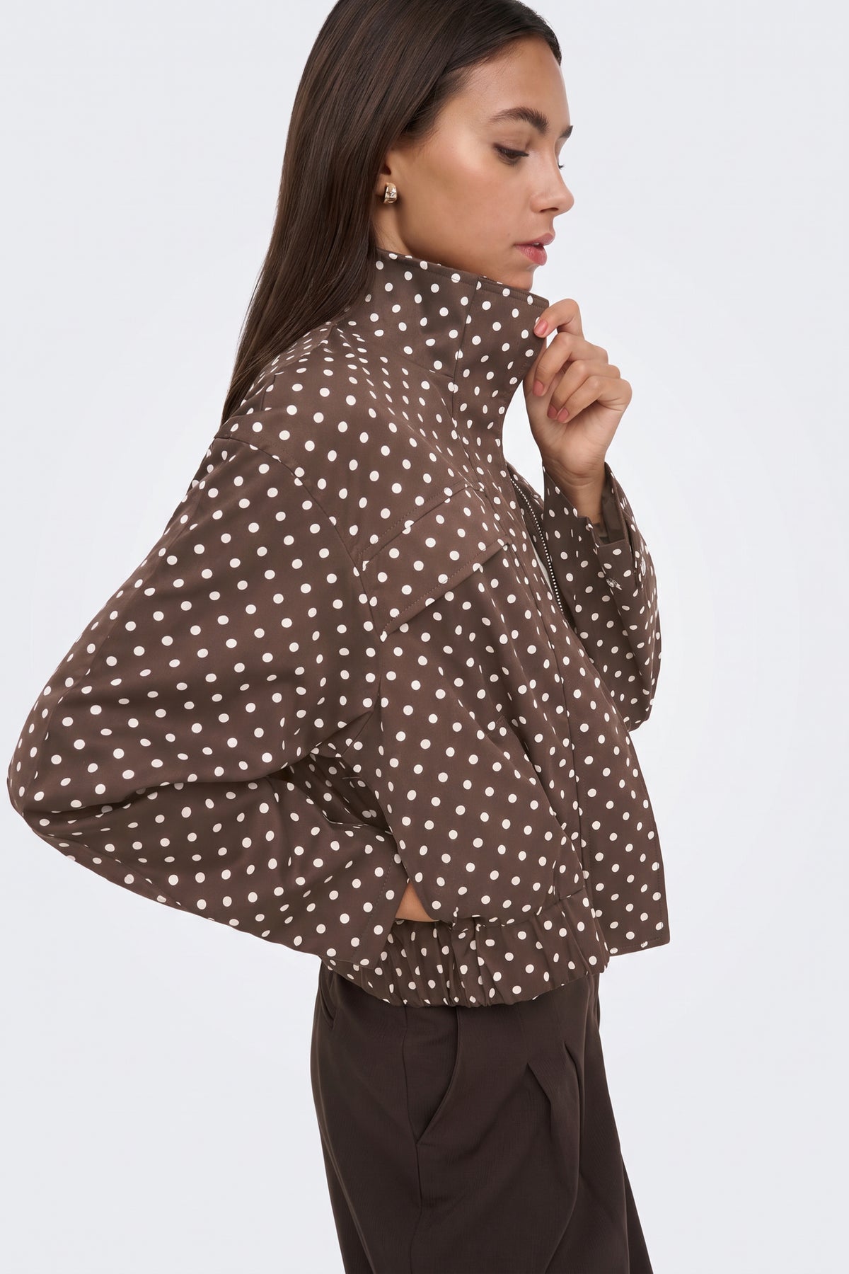 Brown polka dot cropped puffer jacket, side view on model