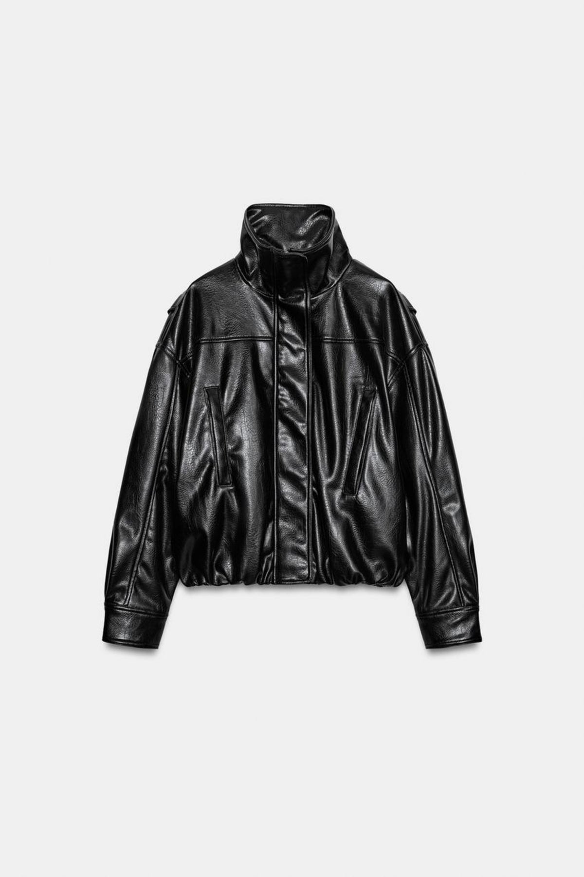 Faux Leather Jacket Black Oversized Funnel Neck, front