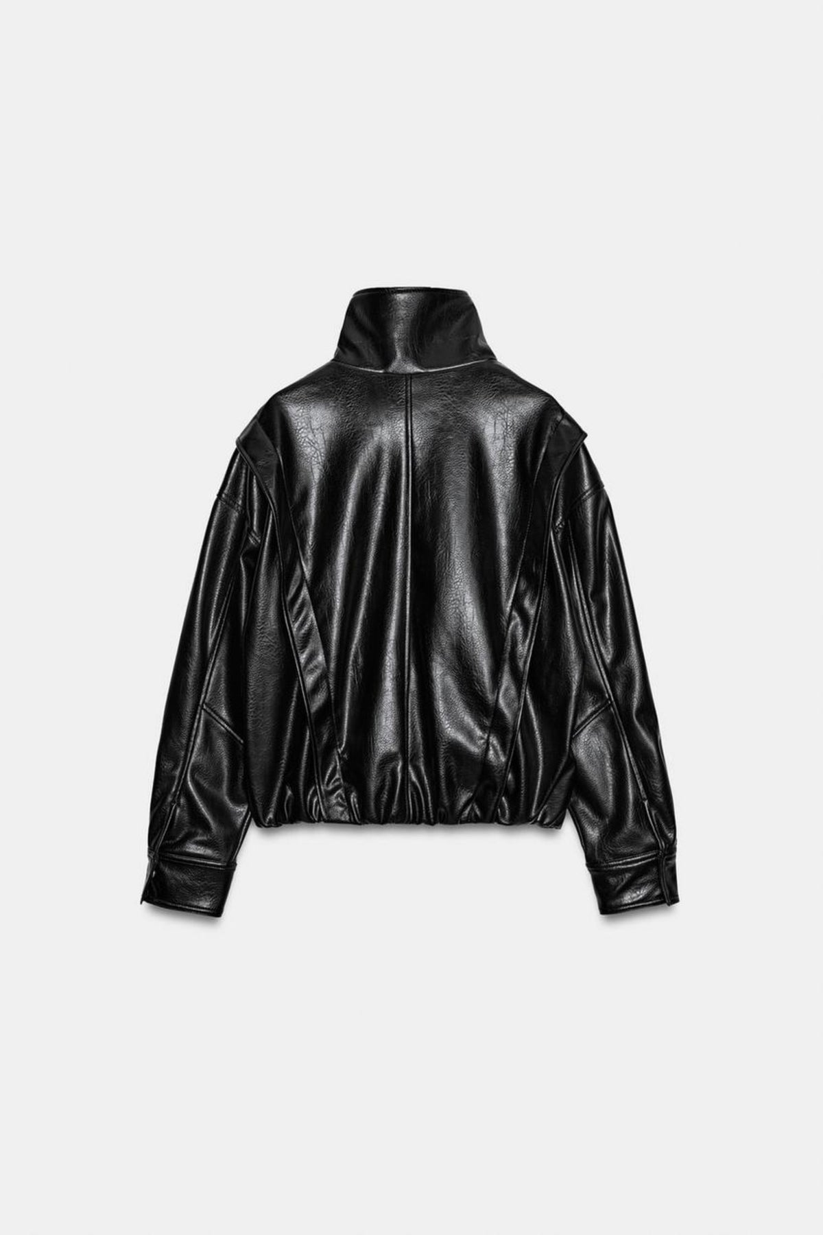 Faux Leather Jacket Black Oversized Funnel Neck, back