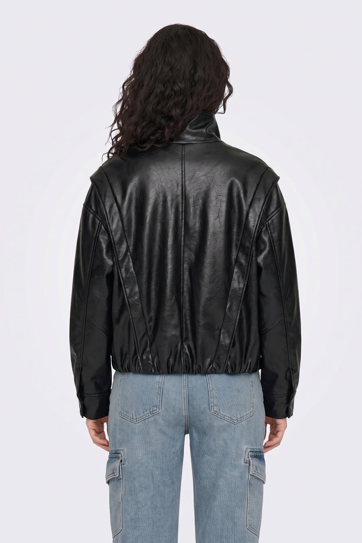 Faux Leather Jacket Black Oversized Funnel Neck back view on model