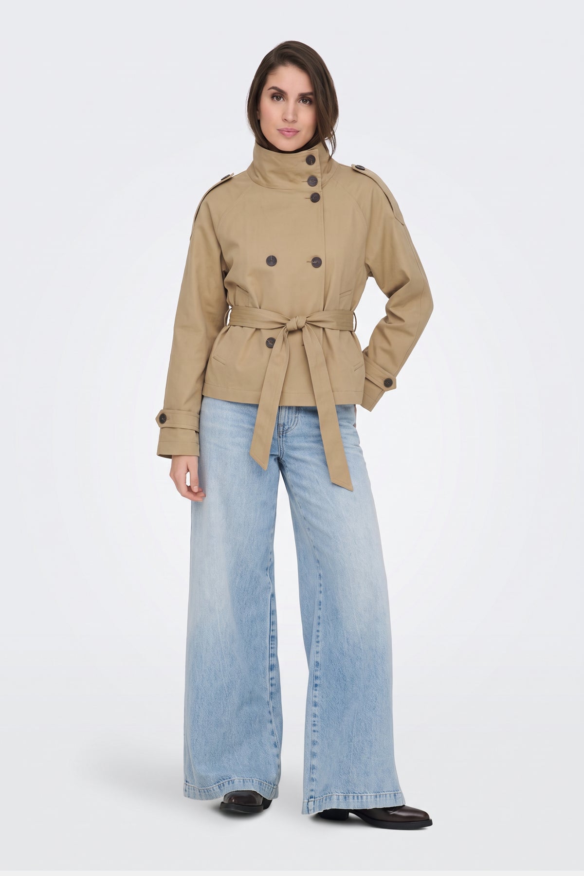 Khaki Trench Jacket Short Belted Women