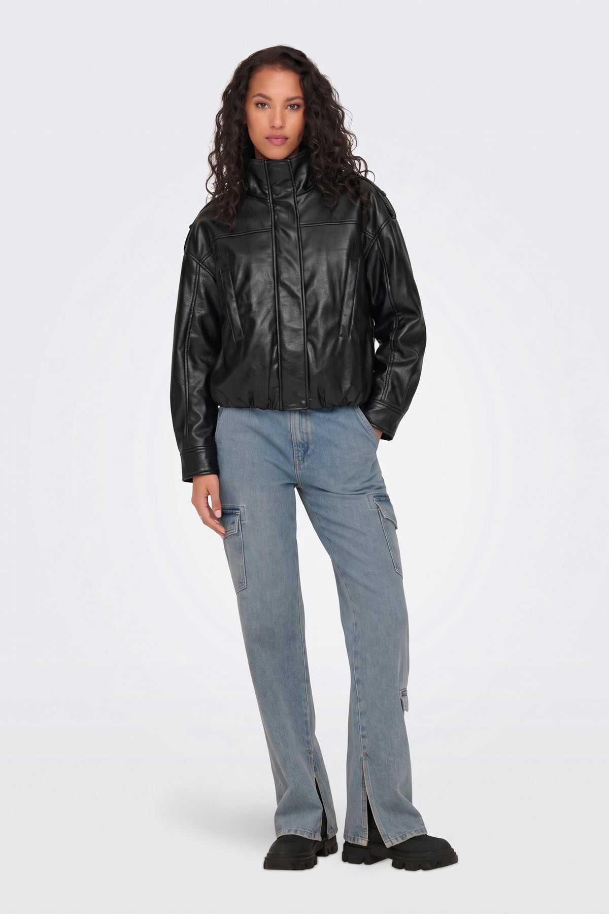 Faux Leather Jacket Black Oversized Funnel Neck full length on model