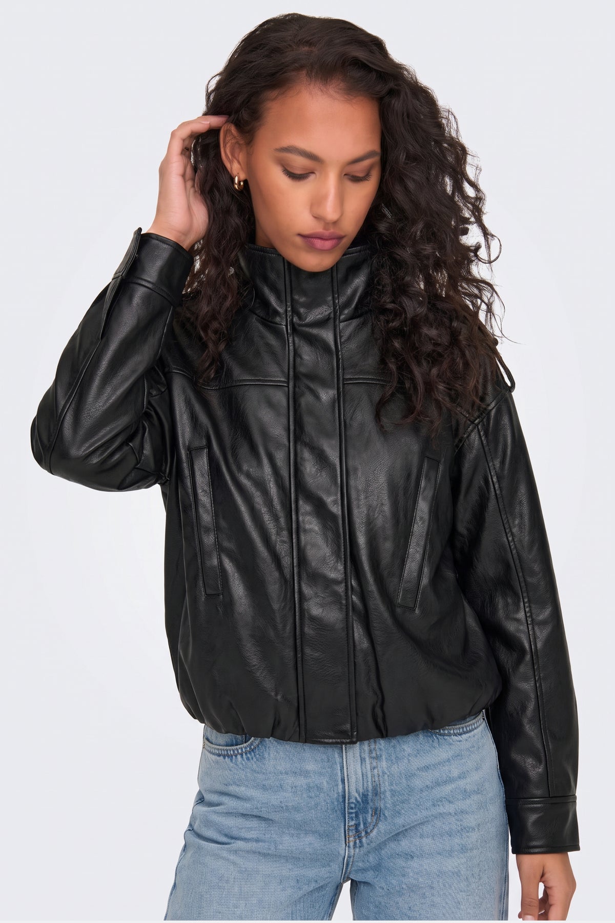 Faux Leather Jacket Black Oversized Funnel Neck fabric and fastening detail