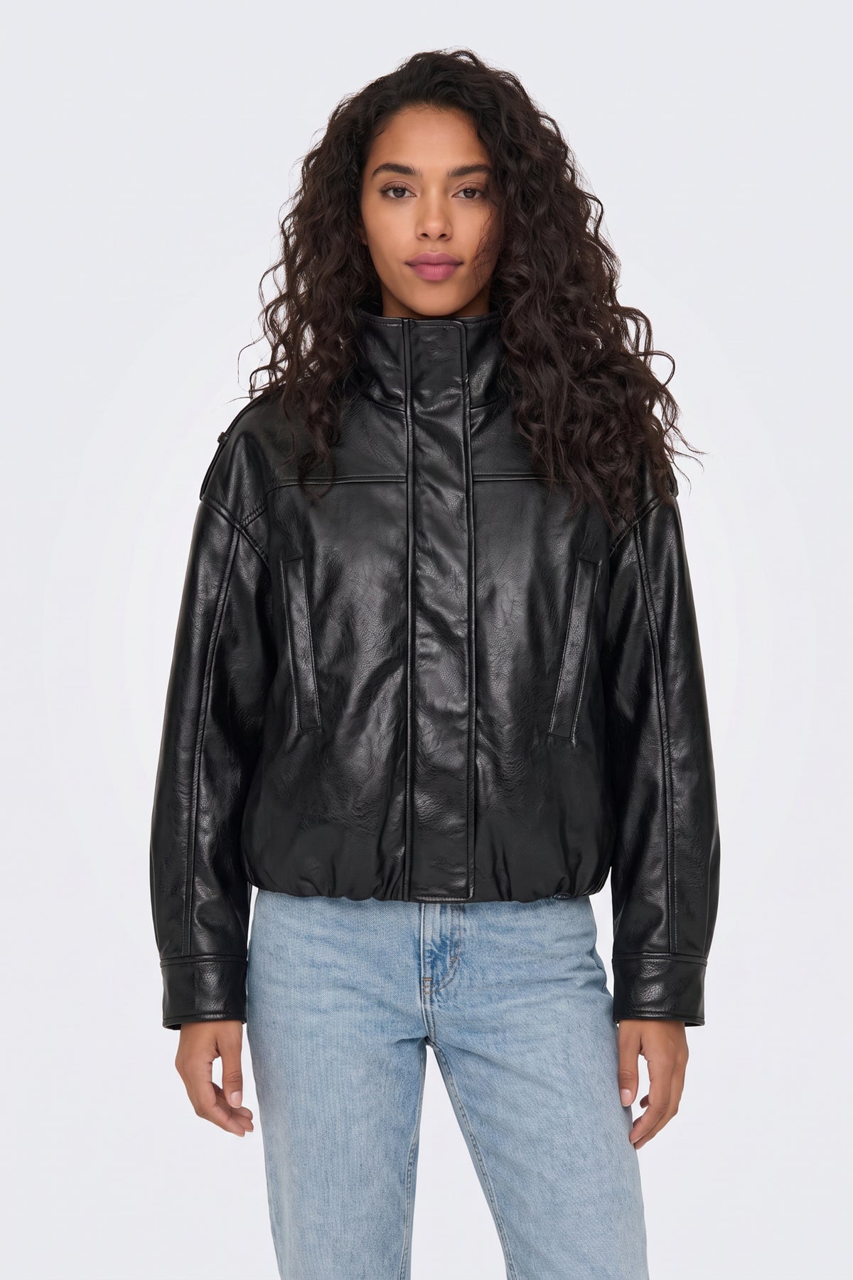 Faux Leather Jacket Black Oversized Funnel Neck worn on model