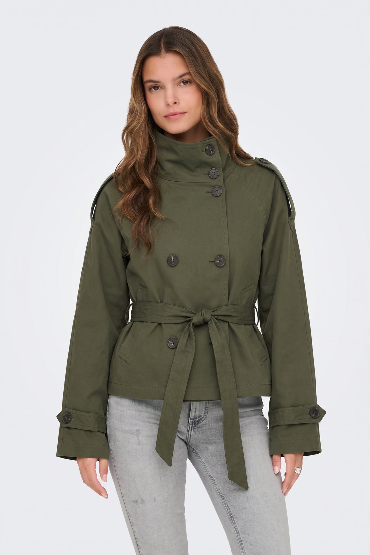 Green Trench Jacket Short Belted Women