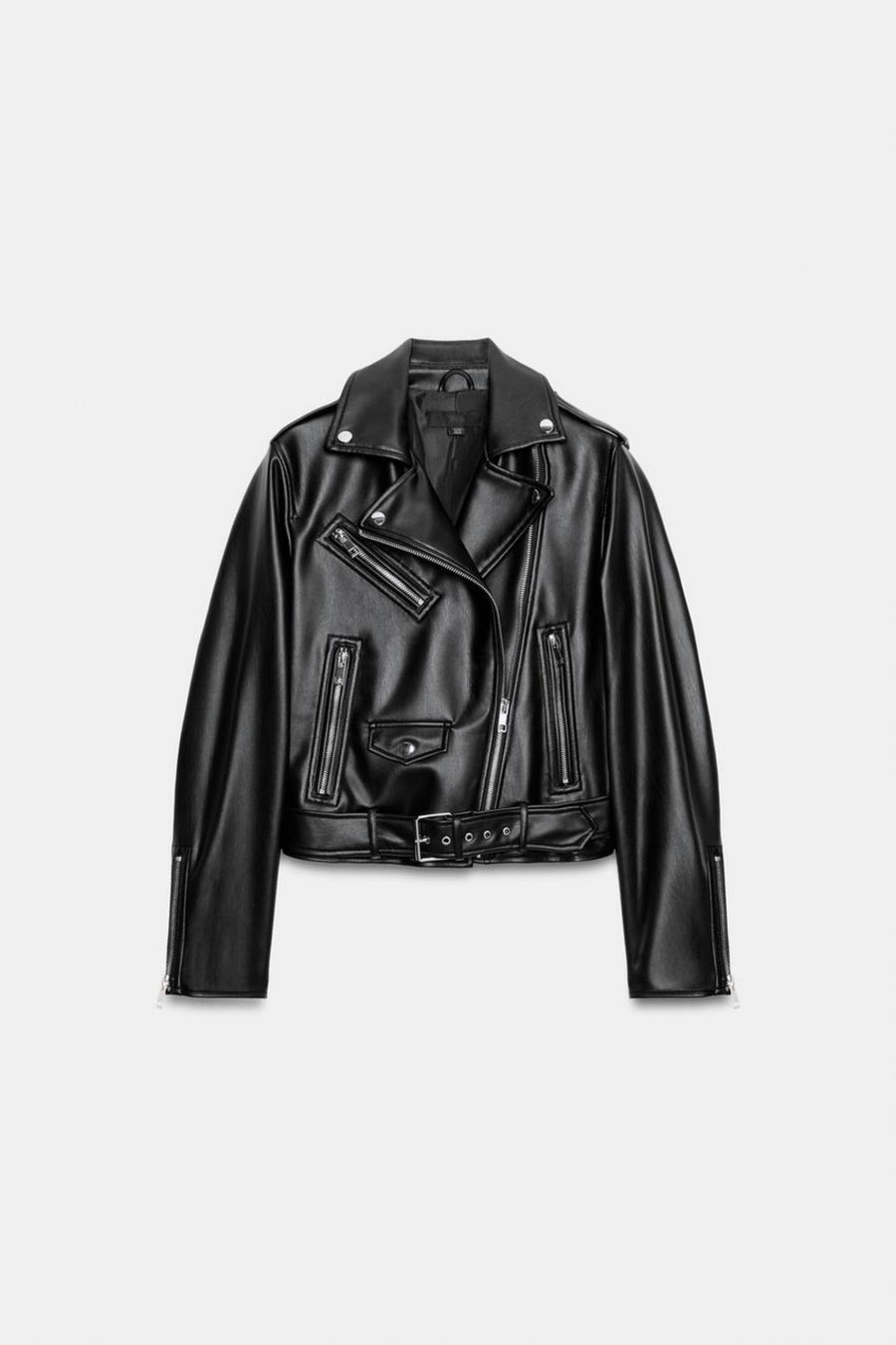 Faux Leather Jacket Black Belted Biker, front