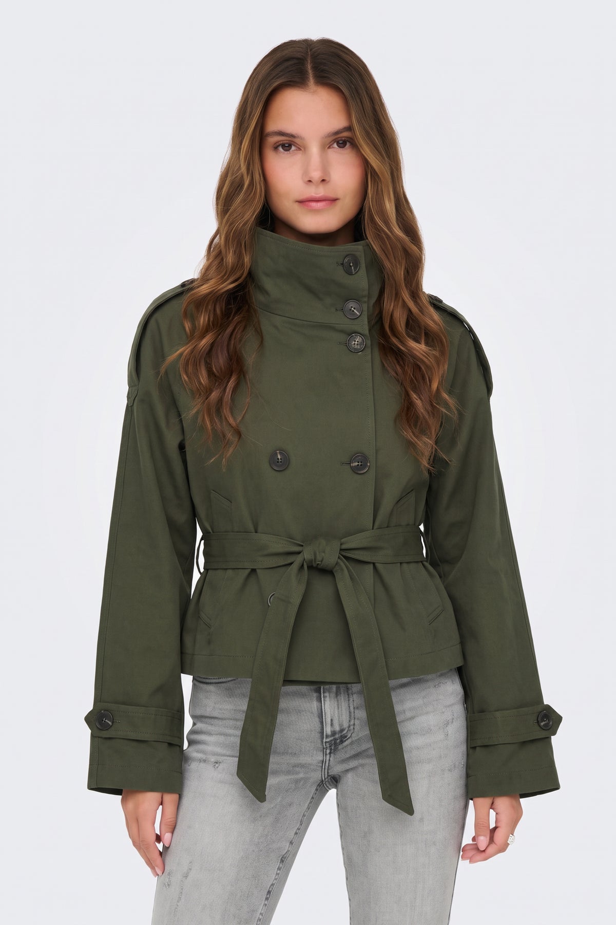 Green Trench Jacket Short Belted Women