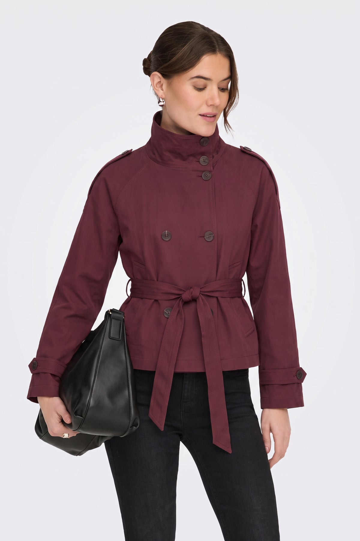 Burgundy Trench Jacket Short Belted Women
