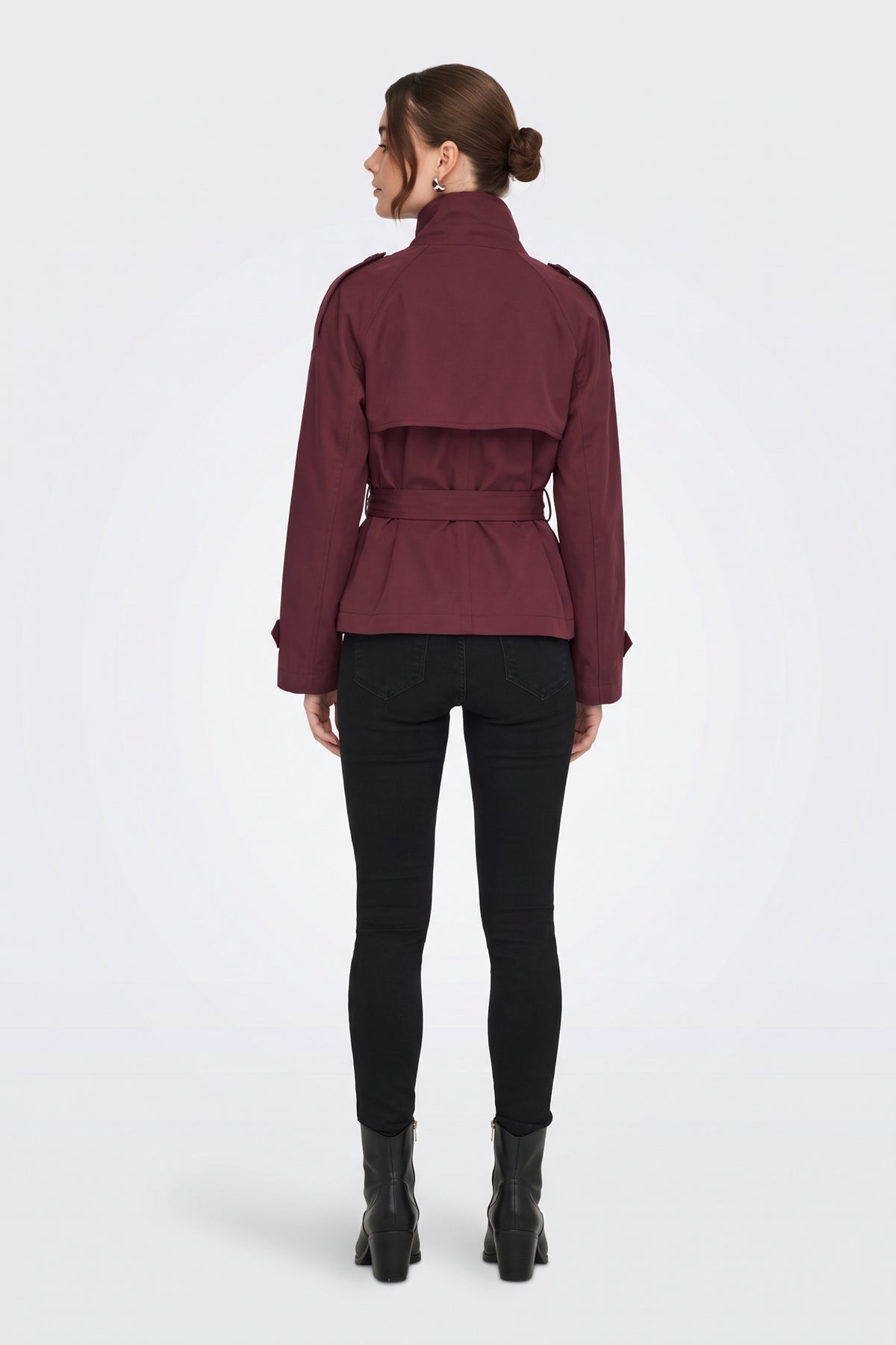 Burgundy Trench Jacket Short Belted Women