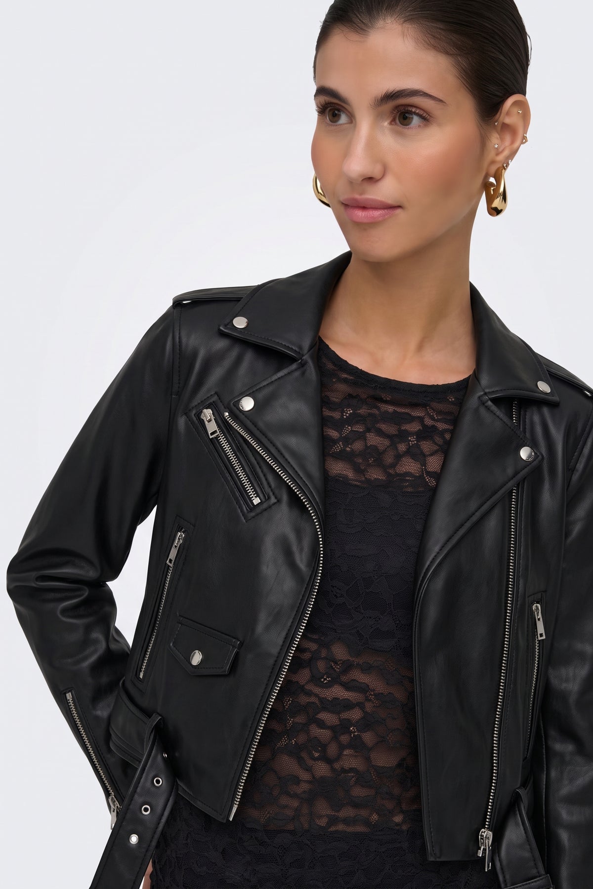 Faux Leather Jacket Black Belted Biker fabric and fastening detail