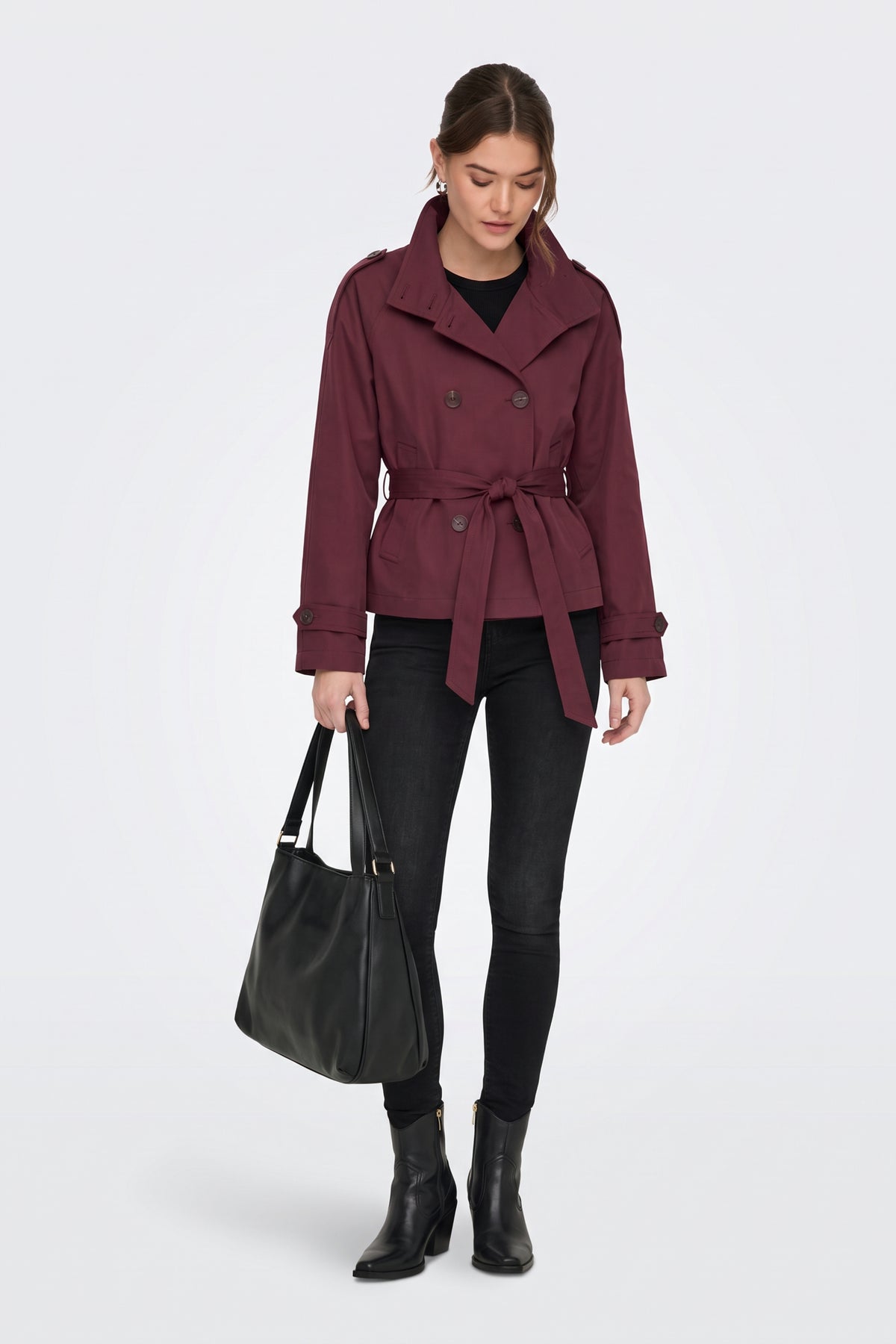 Burgundy Trench Jacket Short Belted Women