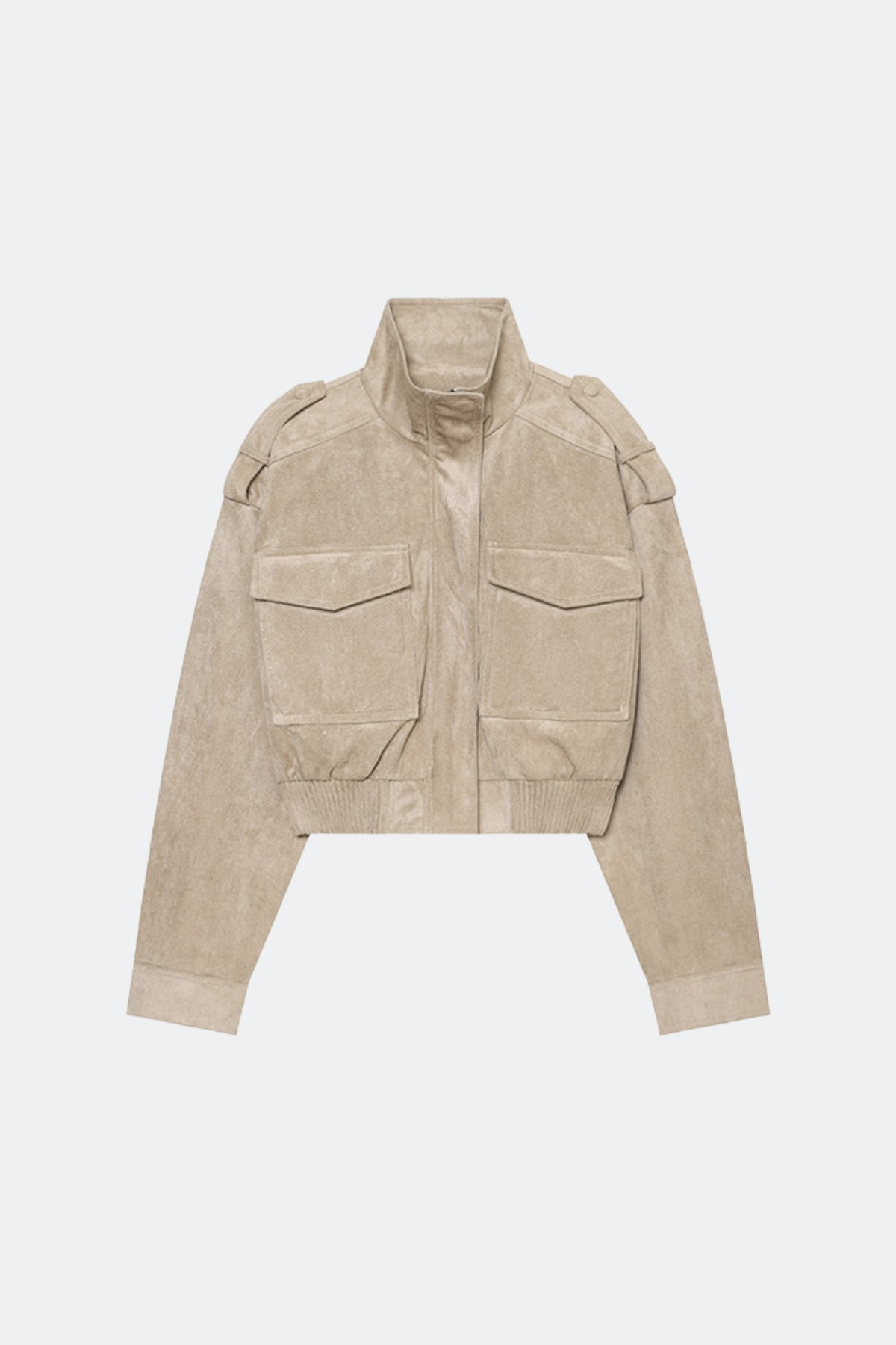 Faux Suede Jacket Beige Bomber Pocket, front
