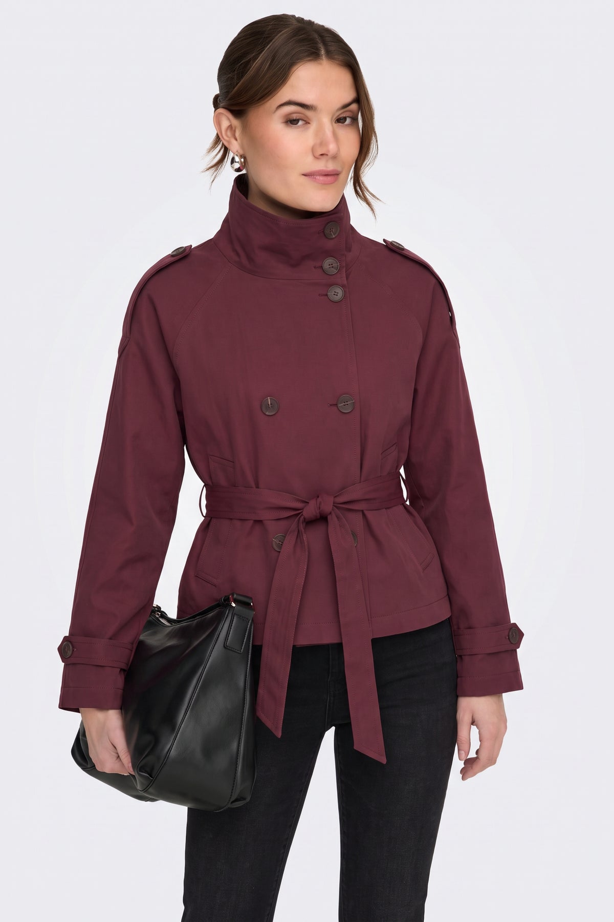 Burgundy Trench Jacket Short Belted Women