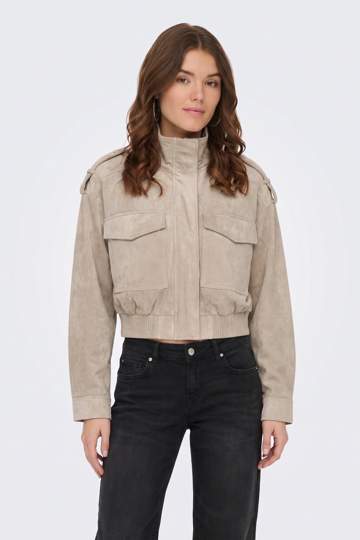 Faux Suede Jacket Beige Bomber Pocket on model, front view