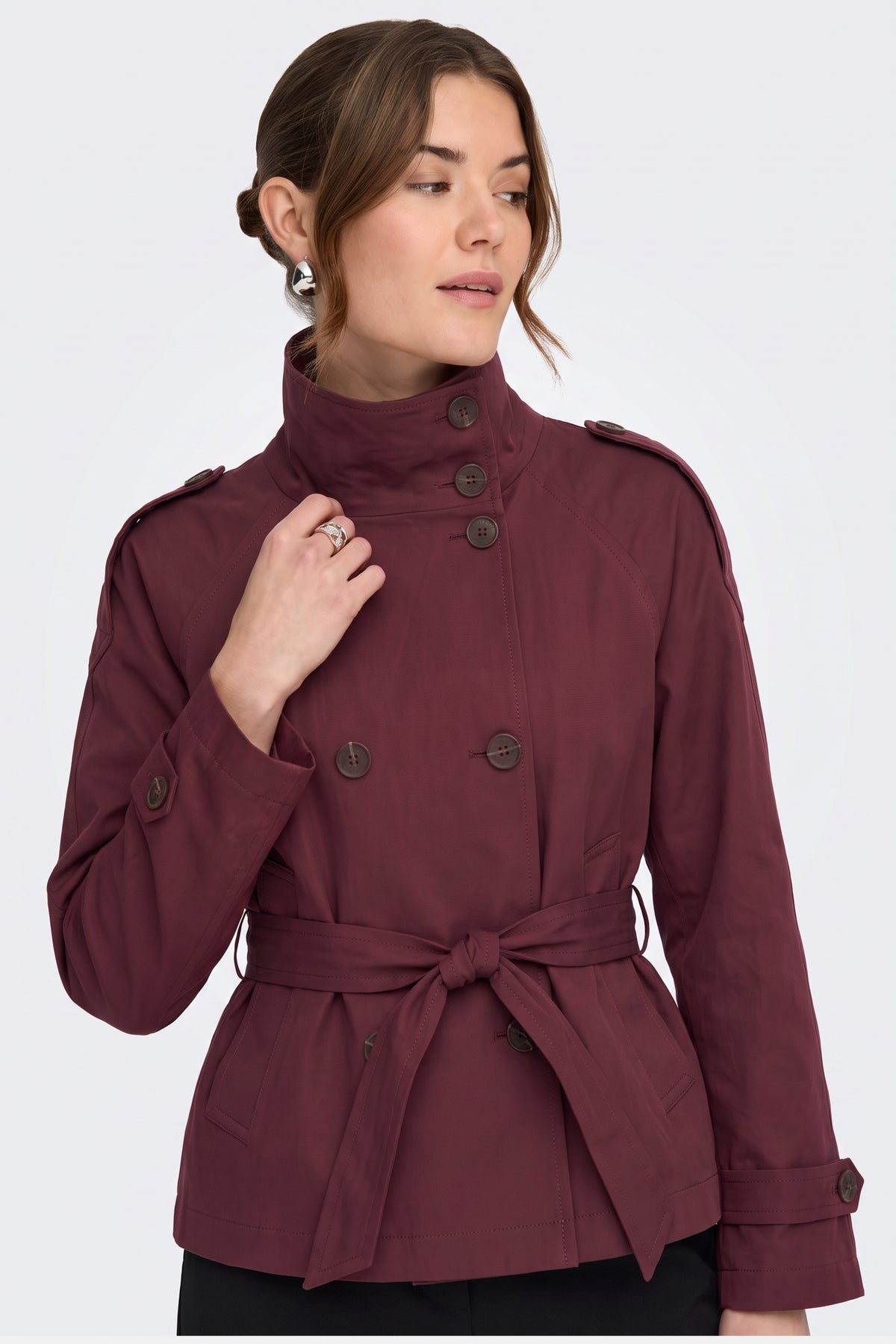 Burgundy Trench Jacket Short Belted Women