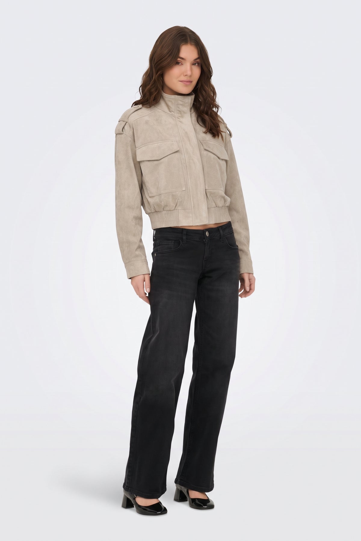 Faux Suede Jacket Beige Bomber Pocket full length on model