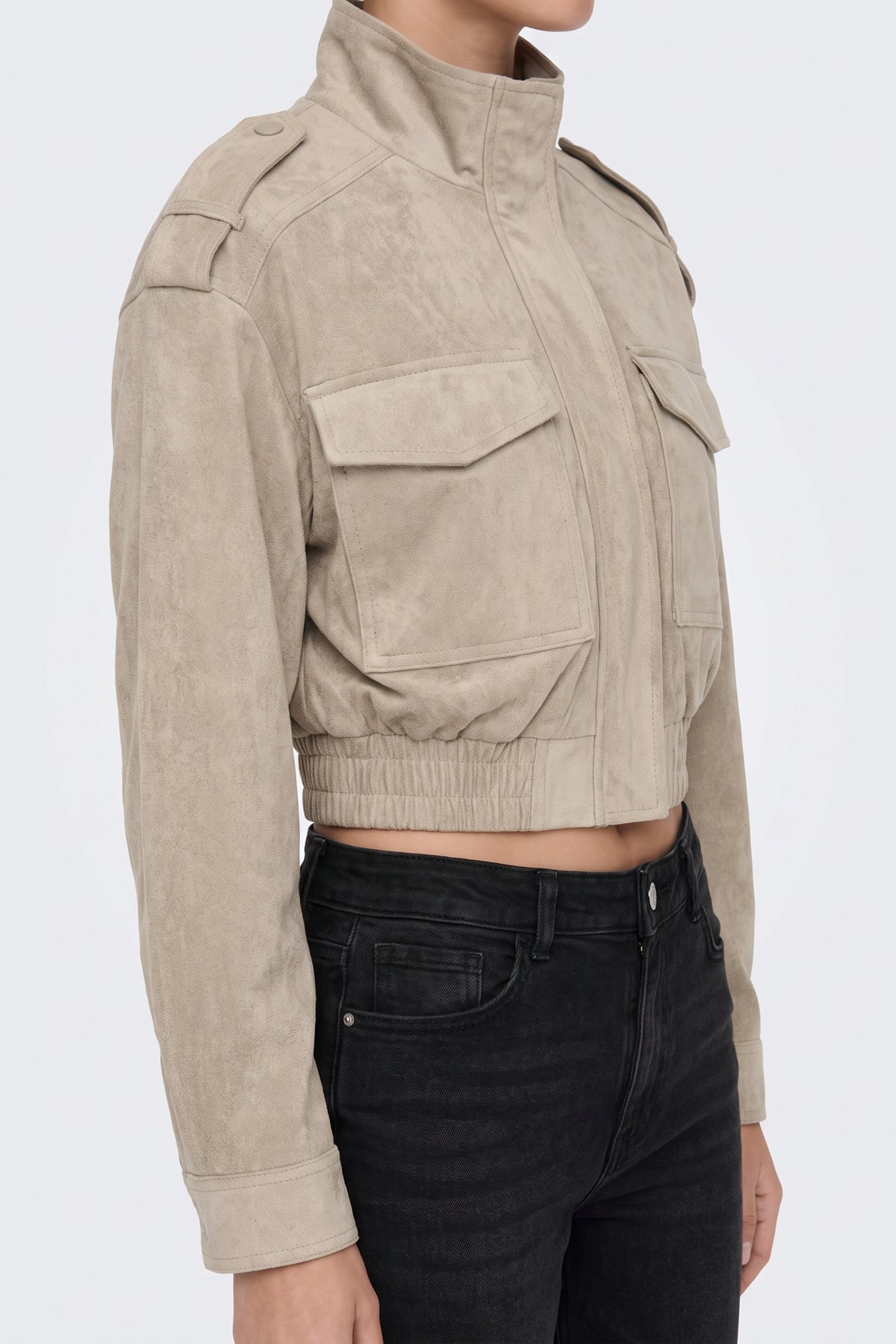 Faux Suede Jacket Beige Bomber Pocket fabric and fastening detail