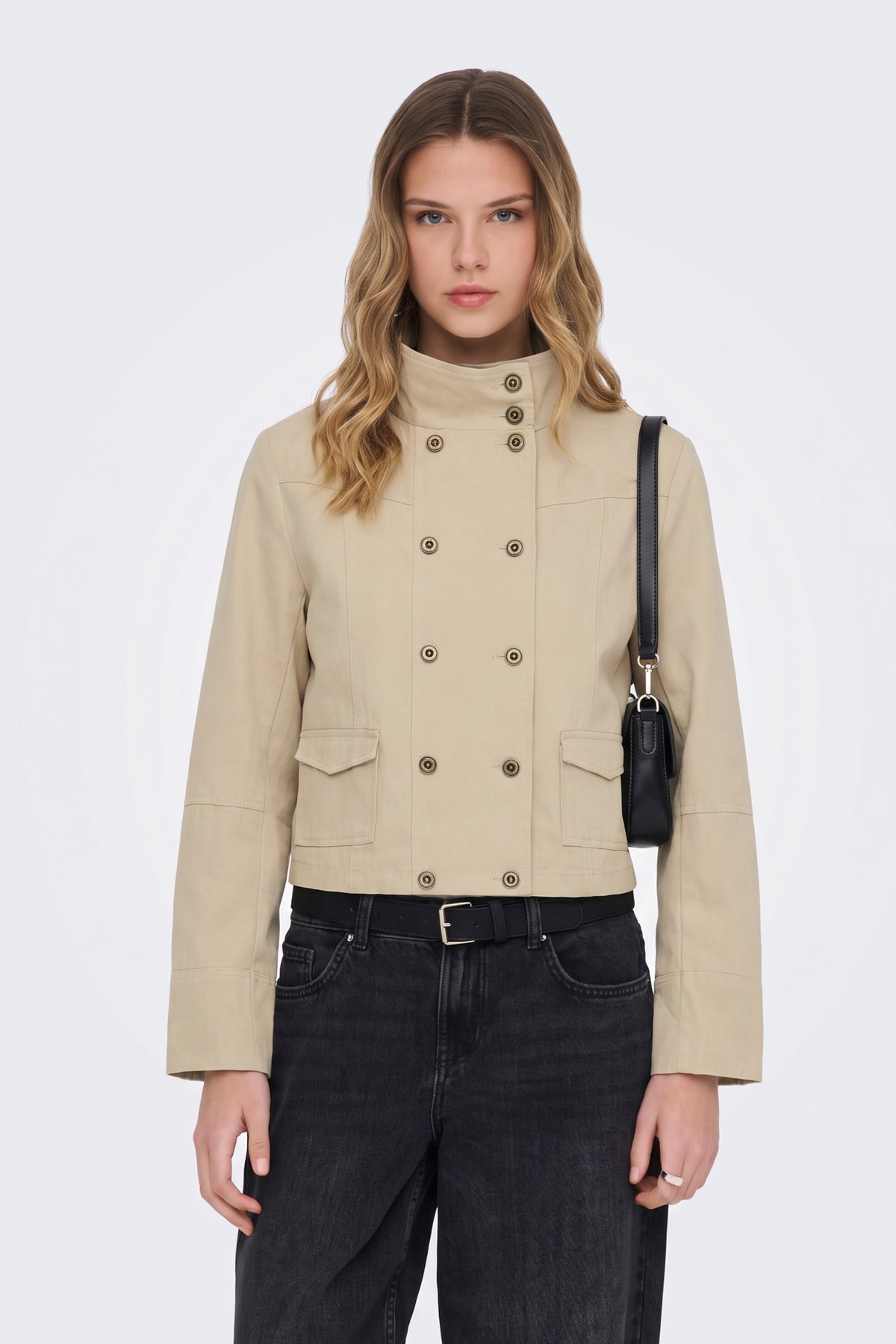 Khaki Cropped Jacket Utility Double Breasted Women