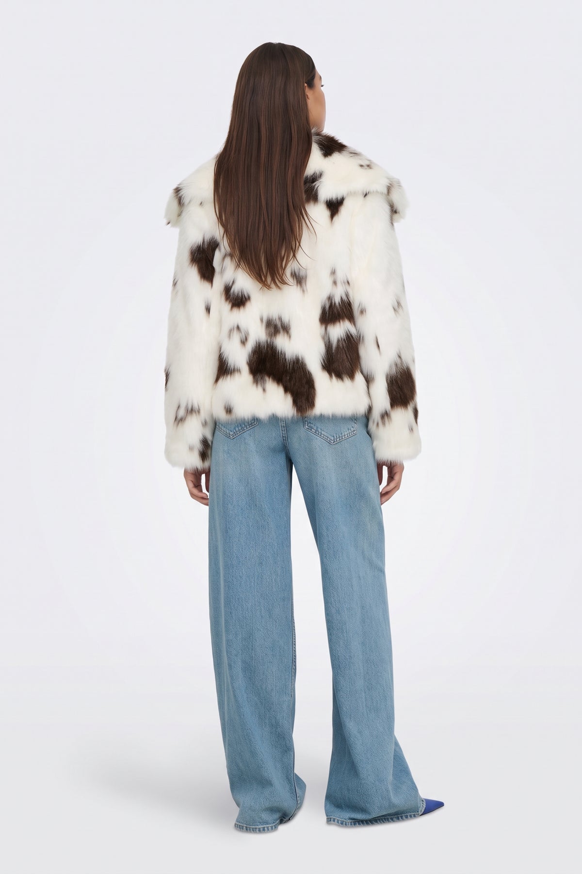 Faux Fur Jacket Cream Cow Print Cropped, back