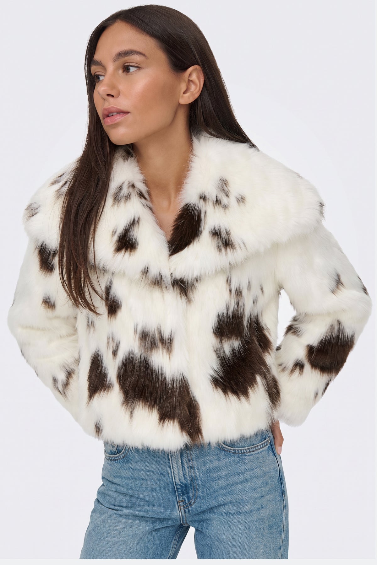 Faux Fur Jacket Cream Cow Print Cropped worn on model