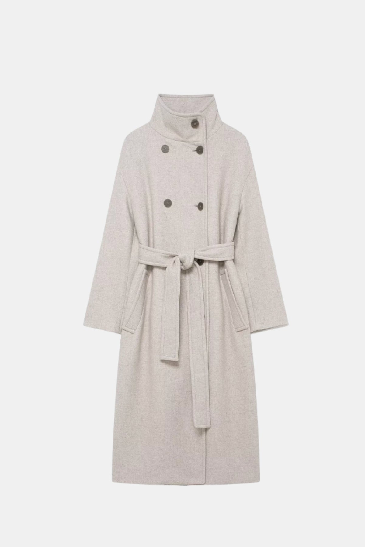 Long Grey Coat Belted Double Breasted Women
