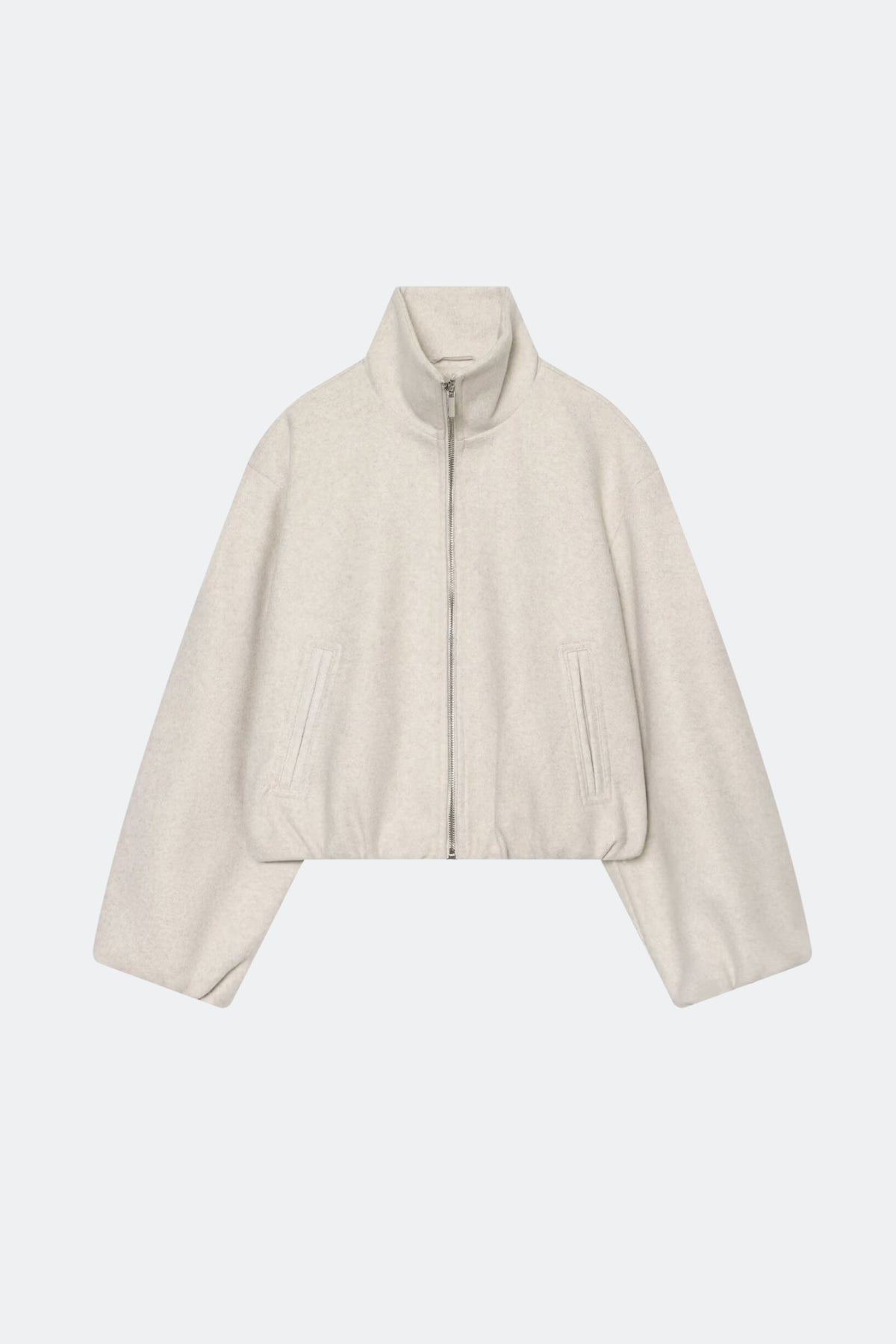 Wool Cream Bomber Jacket Funnel Neck, front