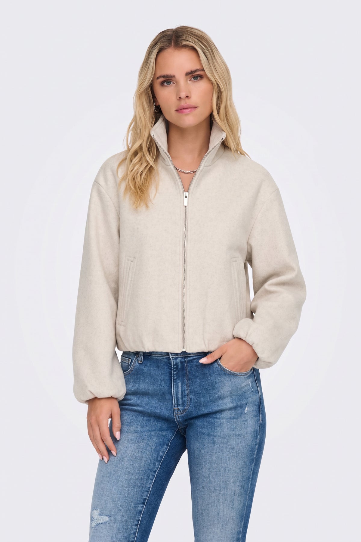 Wool Cream Bomber Jacket Funnel Neck on model, front view