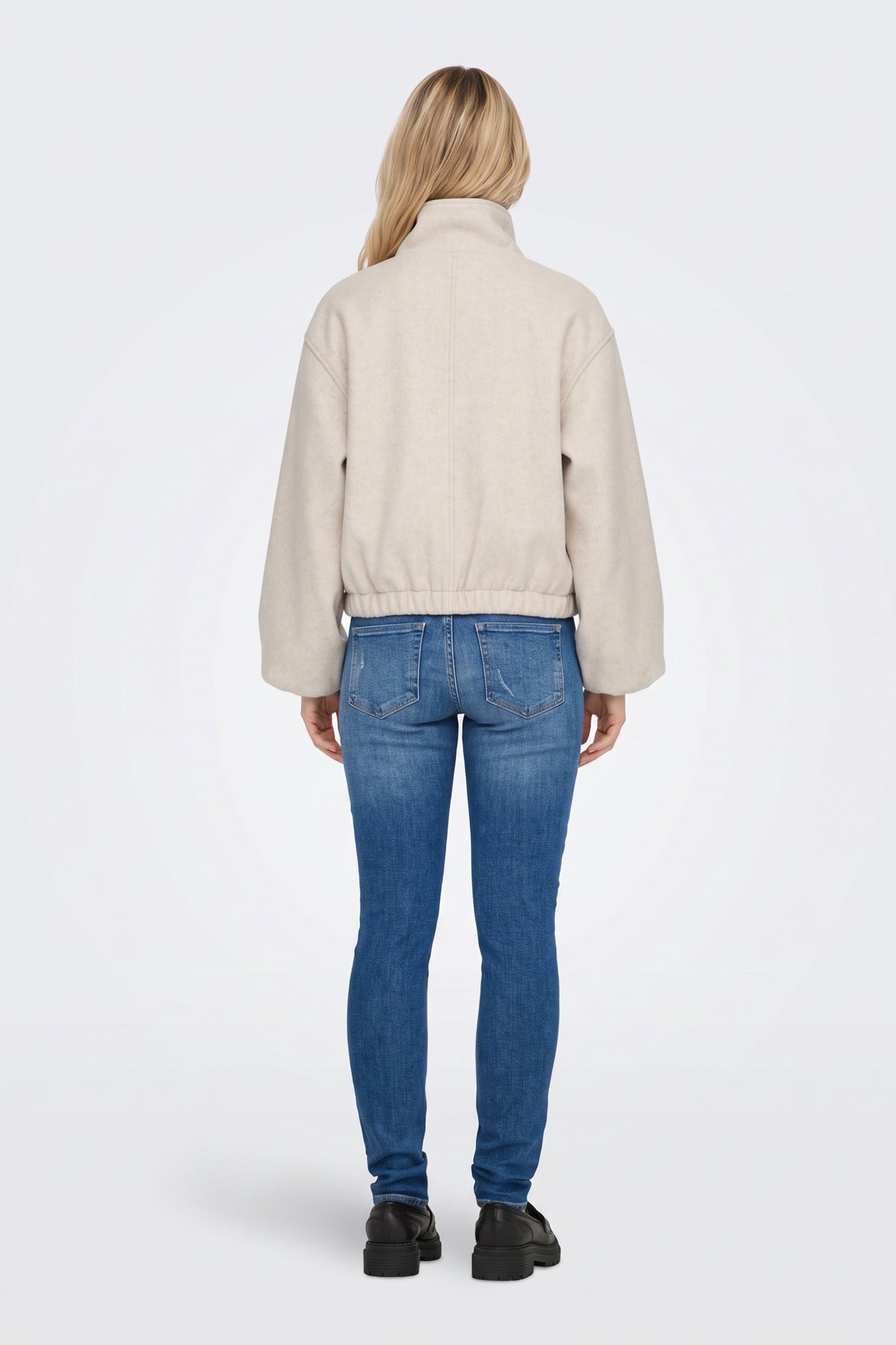 Wool Cream Bomber Jacket Funnel Neck, back