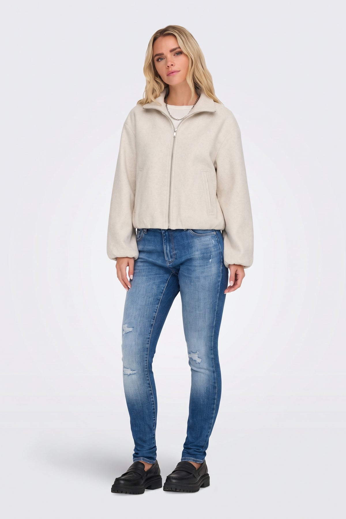 Wool Cream Bomber Jacket Funnel Neck full length on model