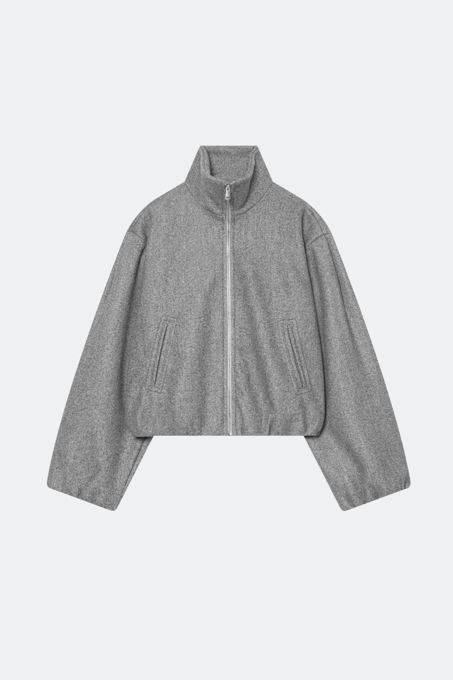 Wool Grey Bomber Jacket Funnel Neck, front