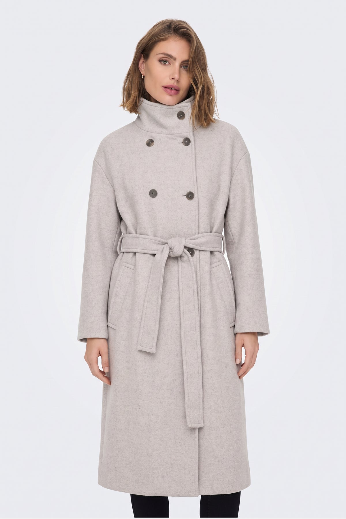 Long Grey Coat Belted Double Breasted Women