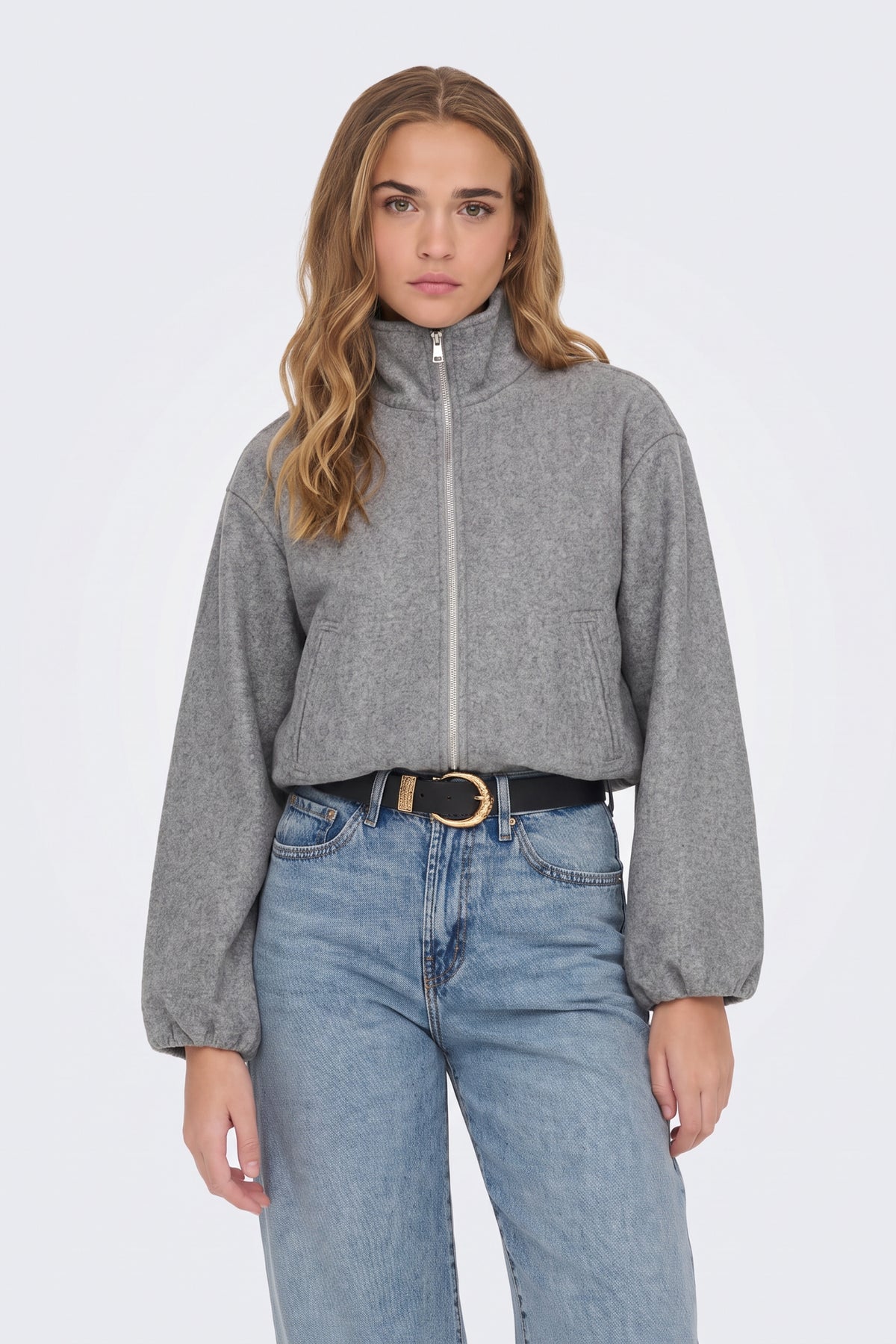Wool Grey Bomber Jacket Funnel Neck on model, front view
