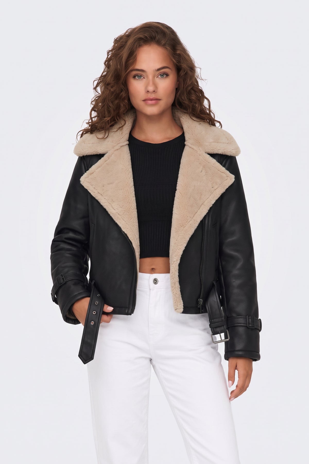 Black Aviator Jacket Cropped Belted Women