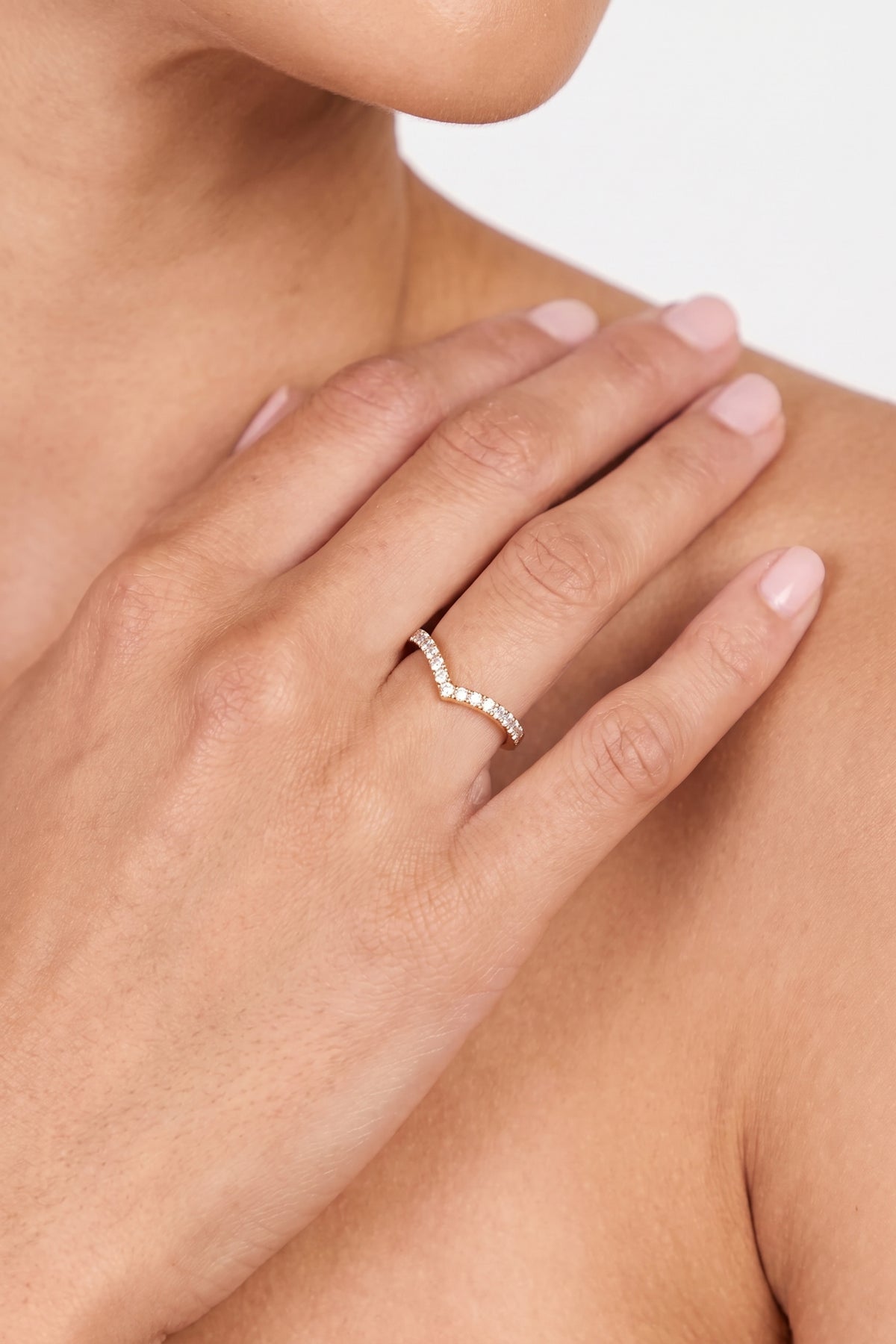 Gold Plated Ring Chevron Crystal Slim Band