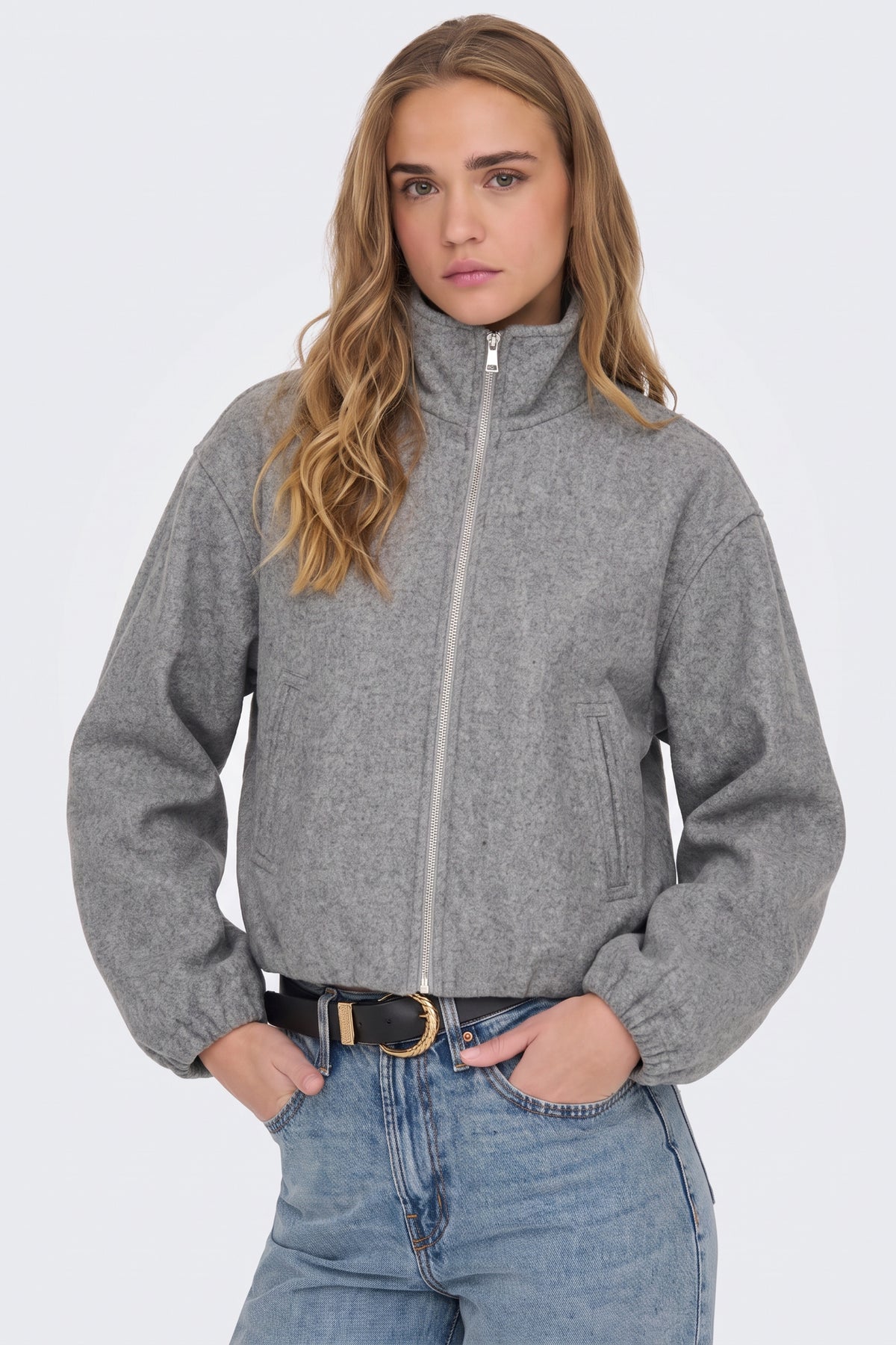 Wool Grey Bomber Jacket Funnel Neck worn on model