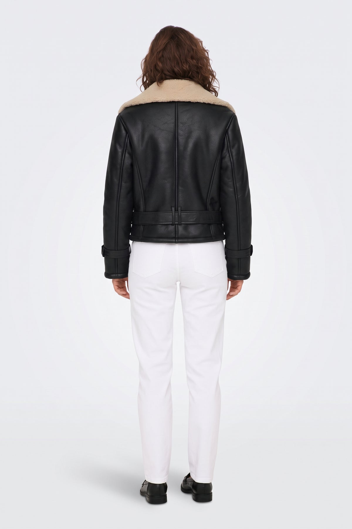 Black Aviator Jacket Cropped Belted Women