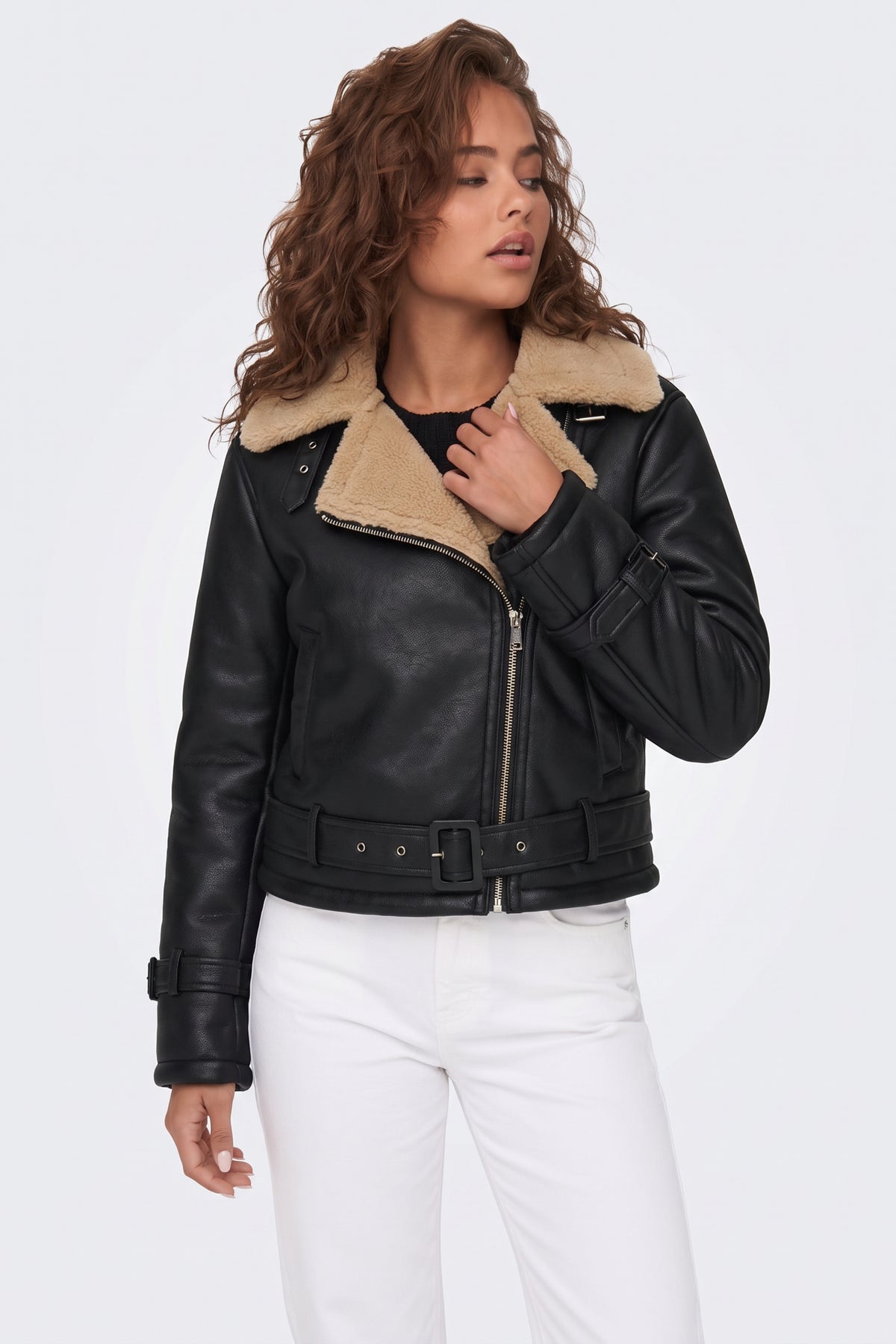 Black Aviator Jacket Cropped Belted Women