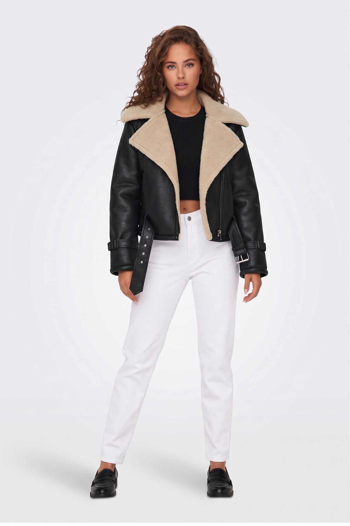 Black Aviator Jacket Cropped Belted Women