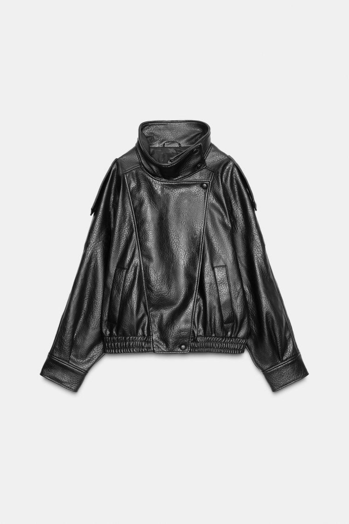 Faux leather jacket black funnel neck women, front