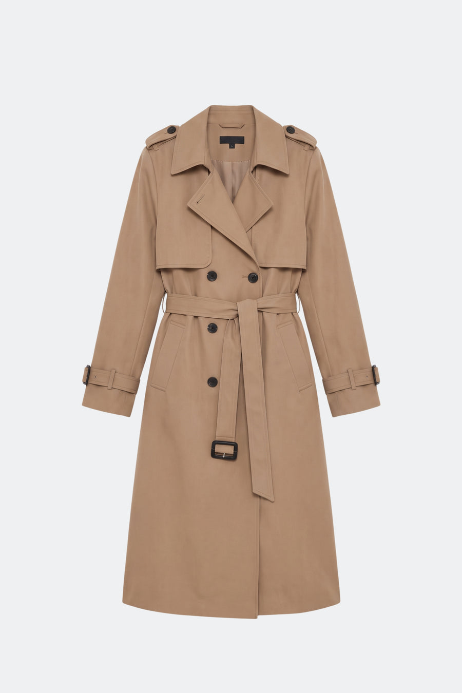 Camel long trench coat women, front