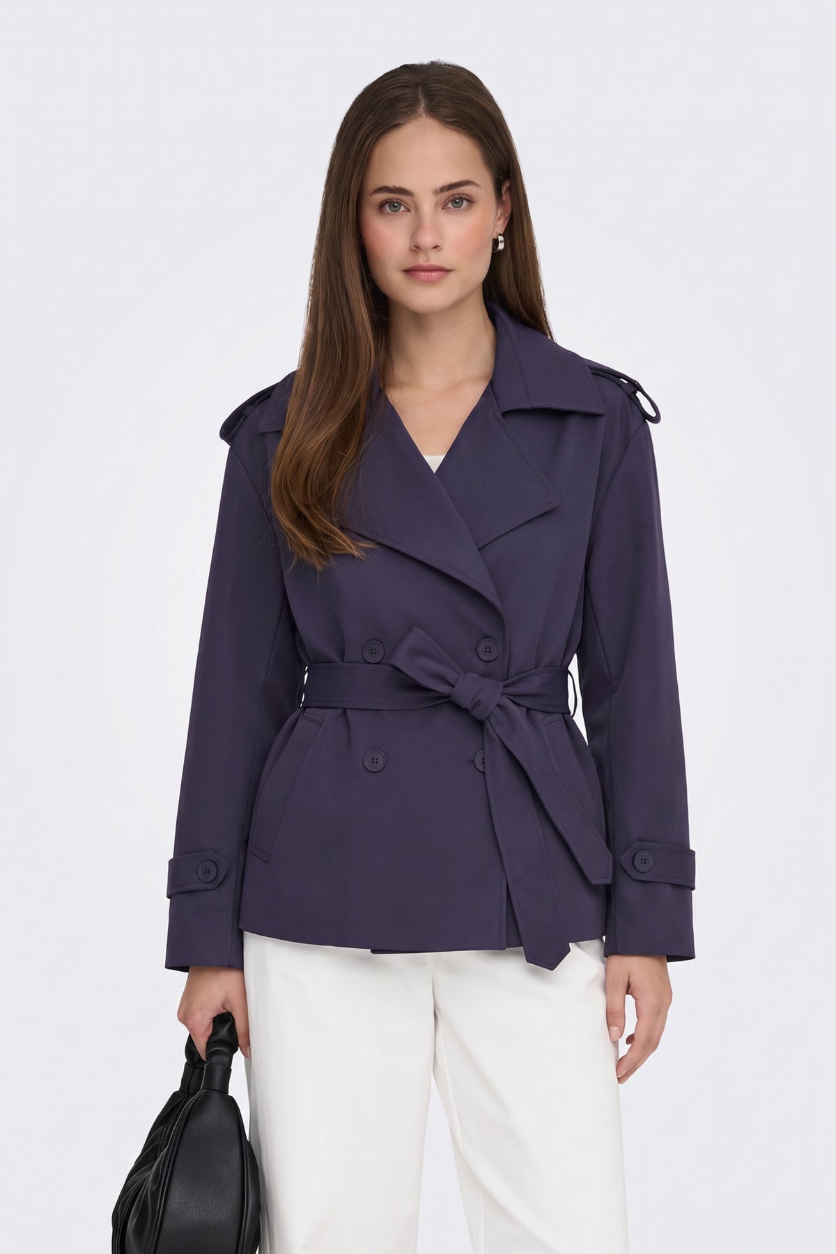Purple short belted trench jacket on model, front view