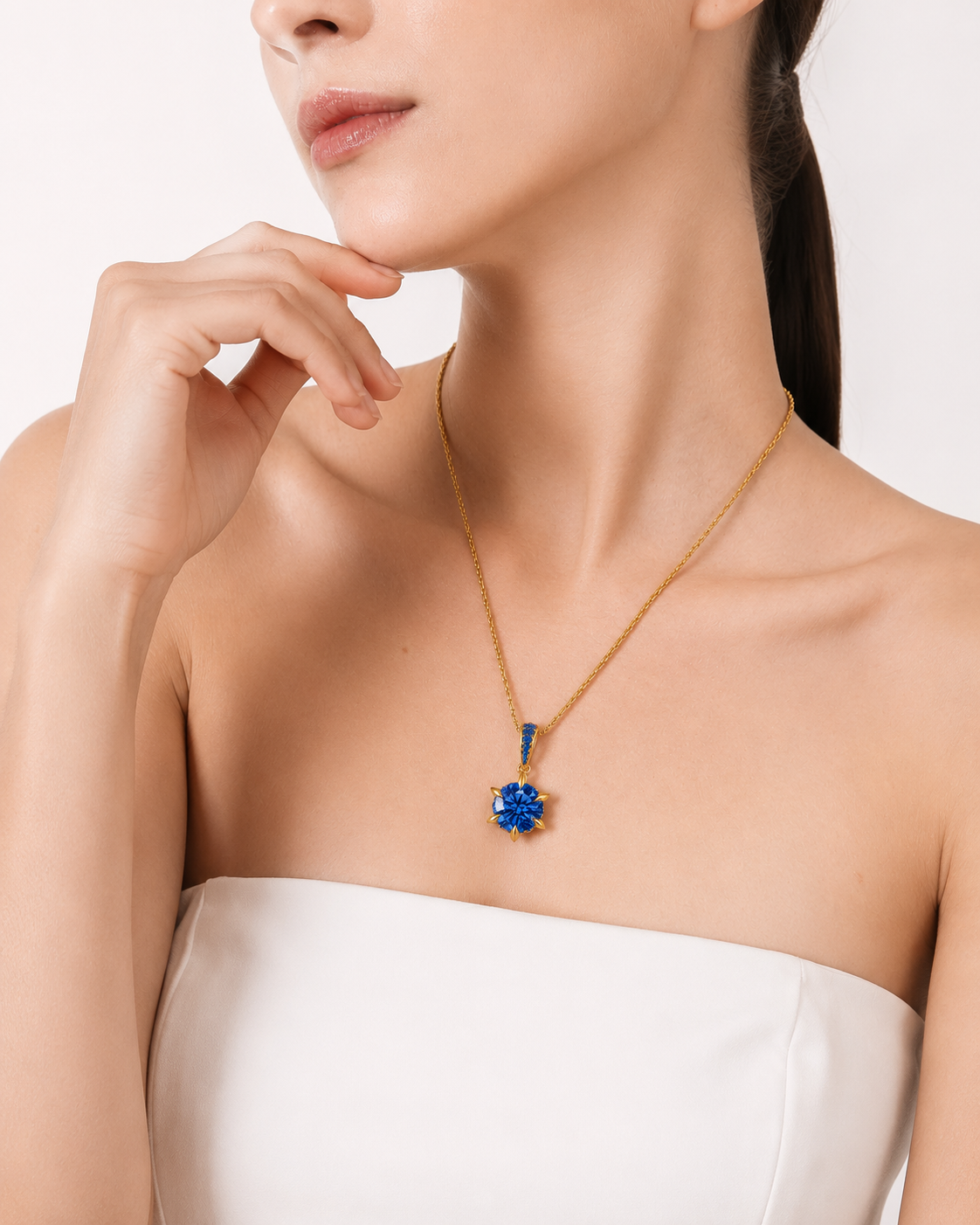 Gold Blue Crystal Pendant Necklace