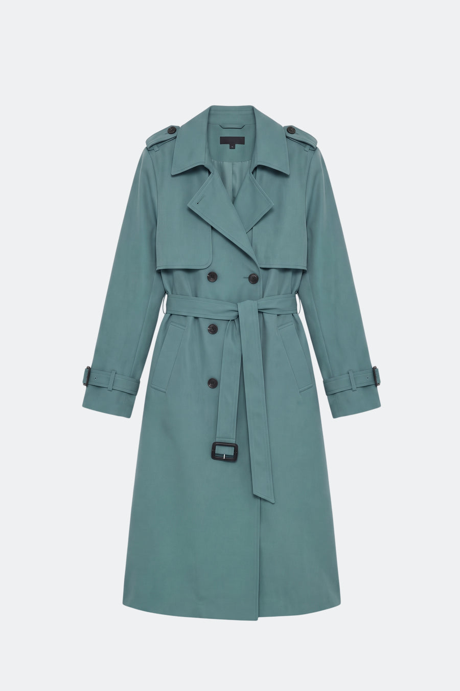 Sage long trench coat women, front