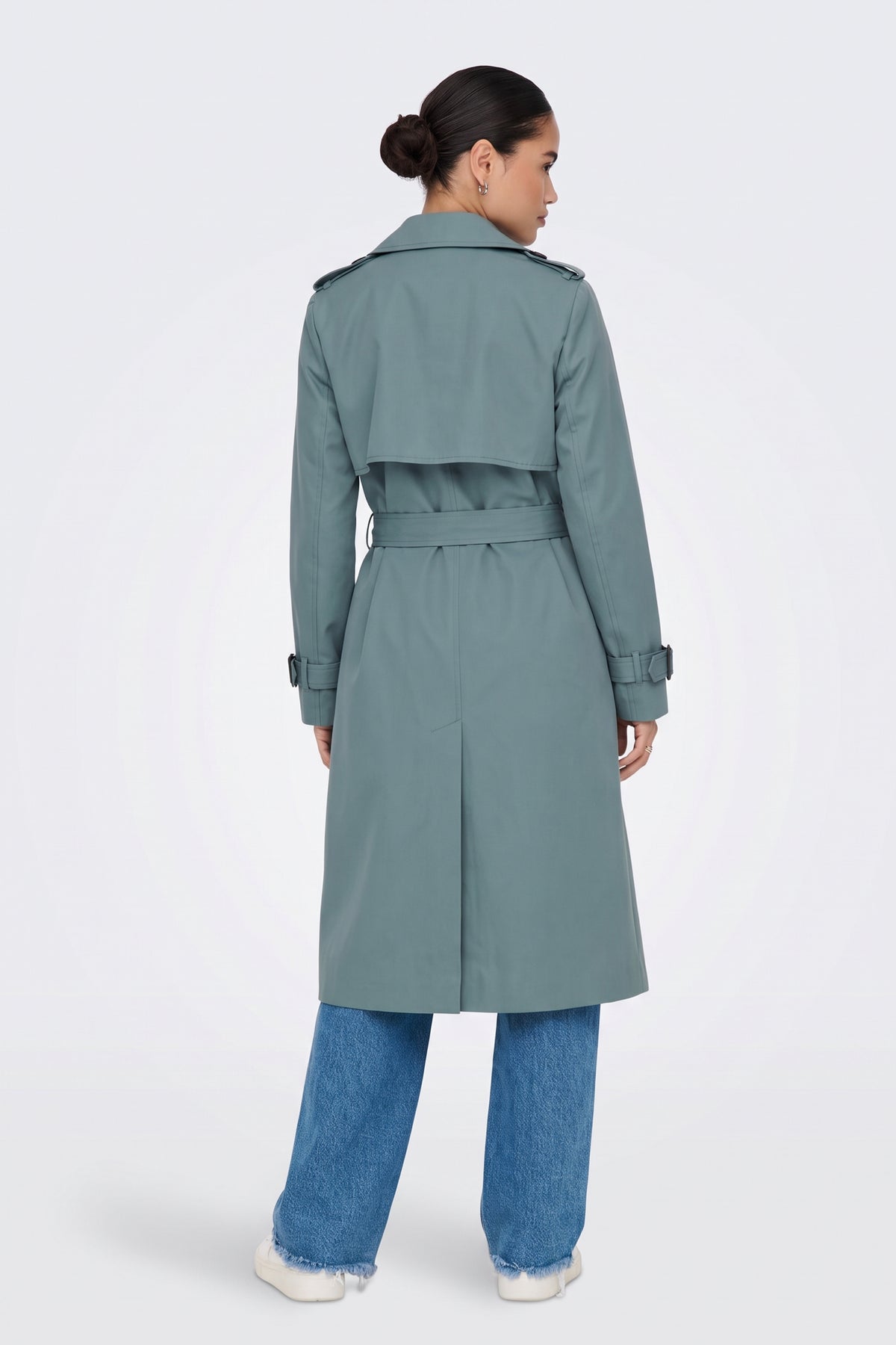 Sage long trench coat back view with storm flap