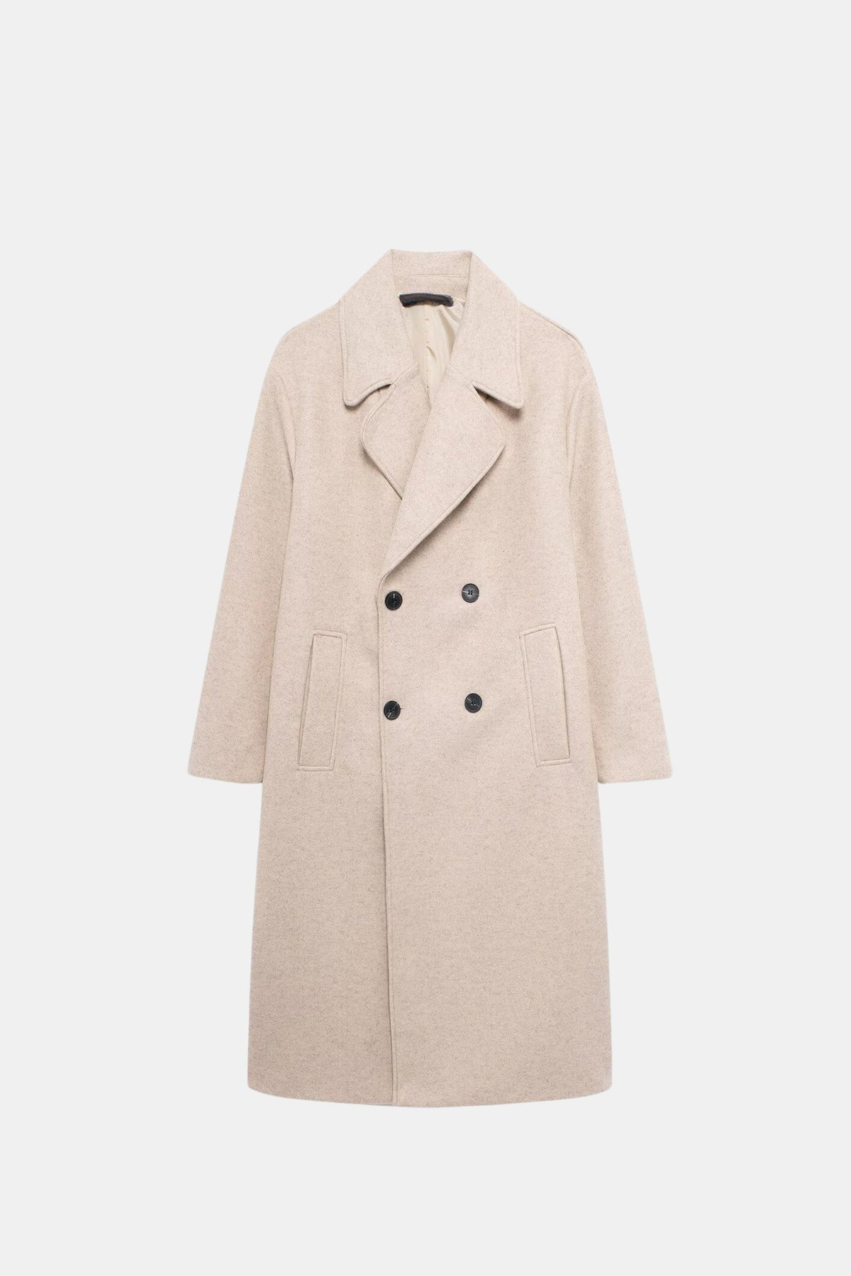 Long beige coat double breasted oversized women, front