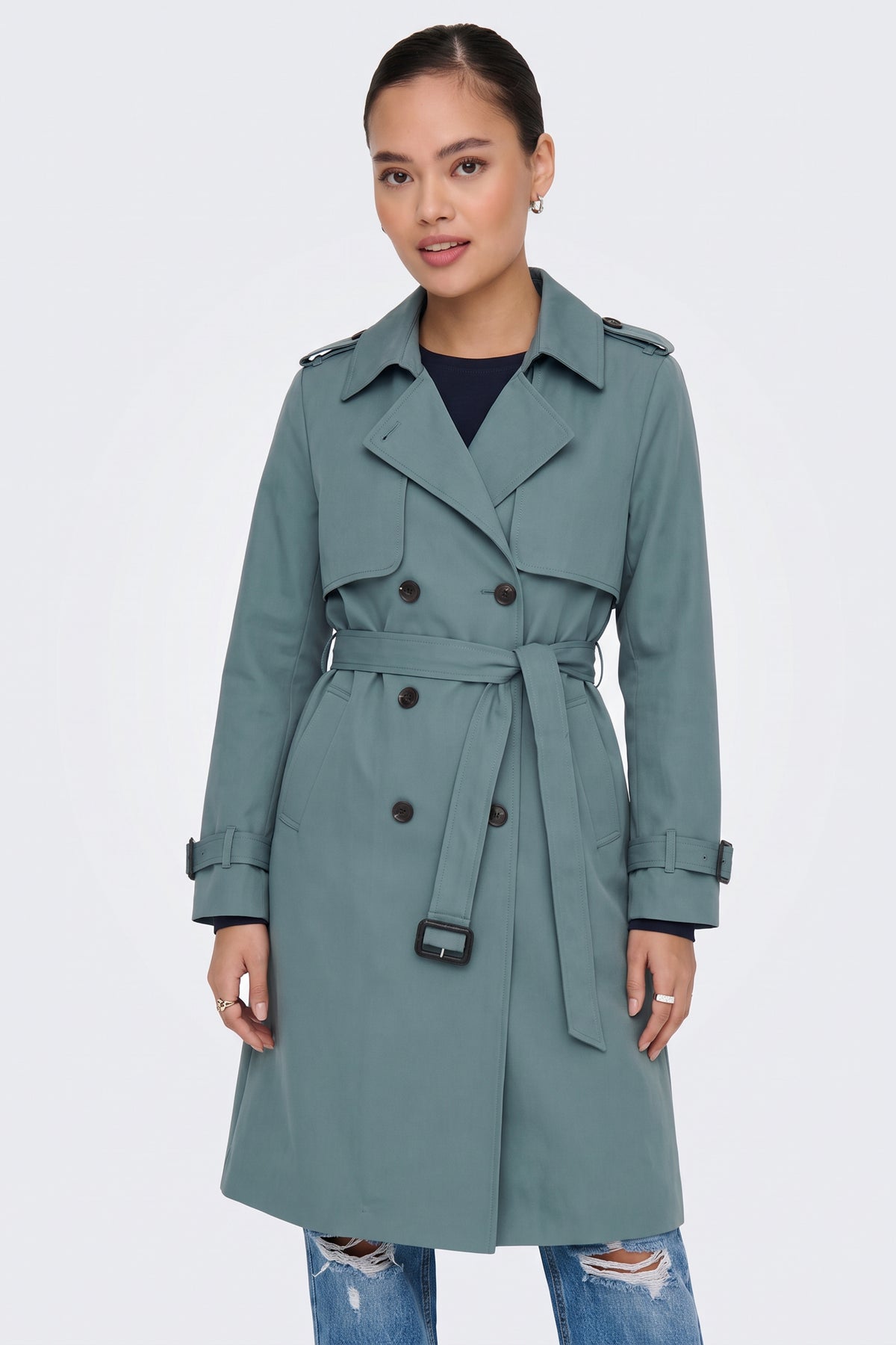 Sage trench coat belt buckle and double breasted buttons