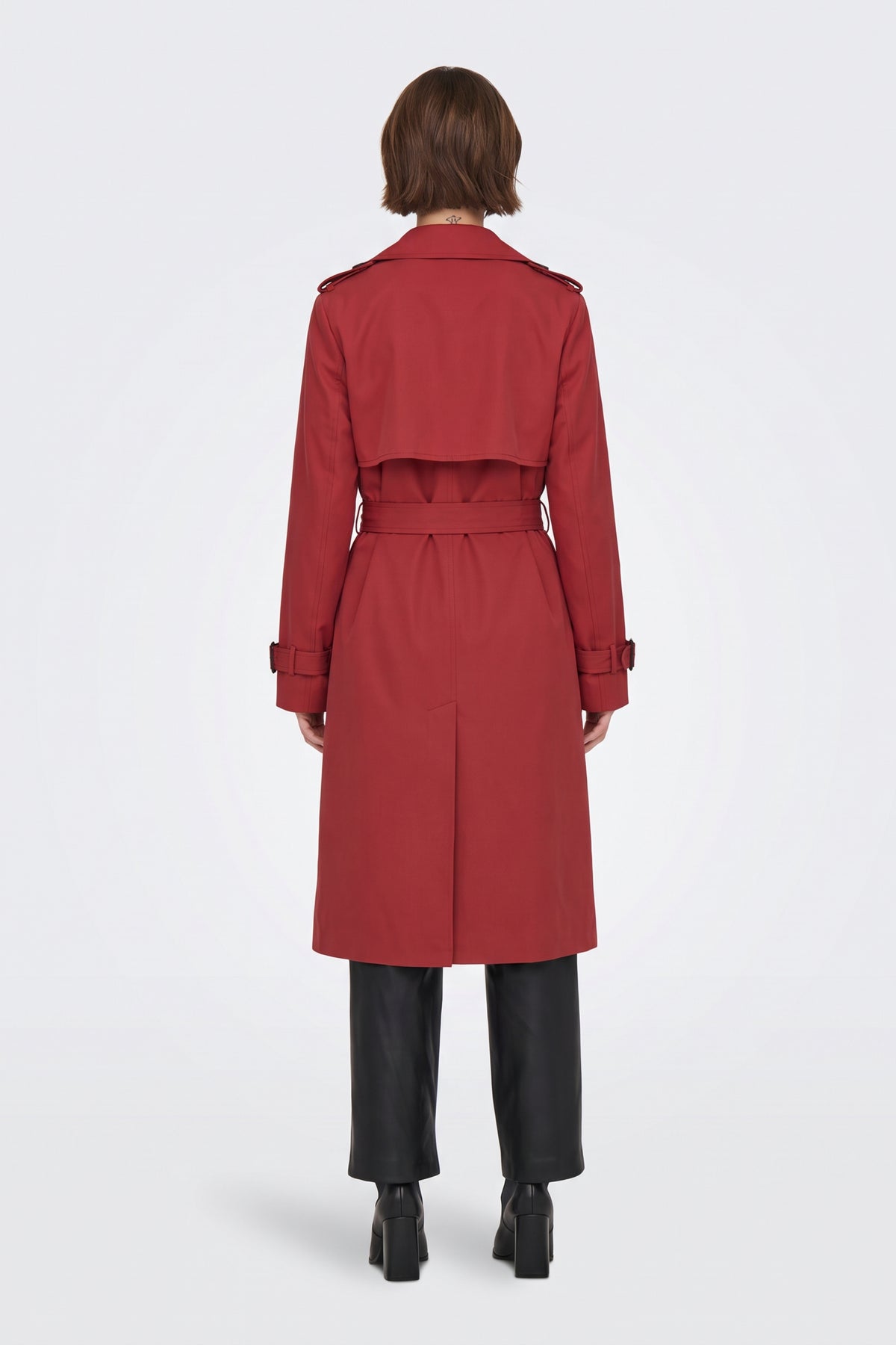 Red long trench coat back view with storm flap