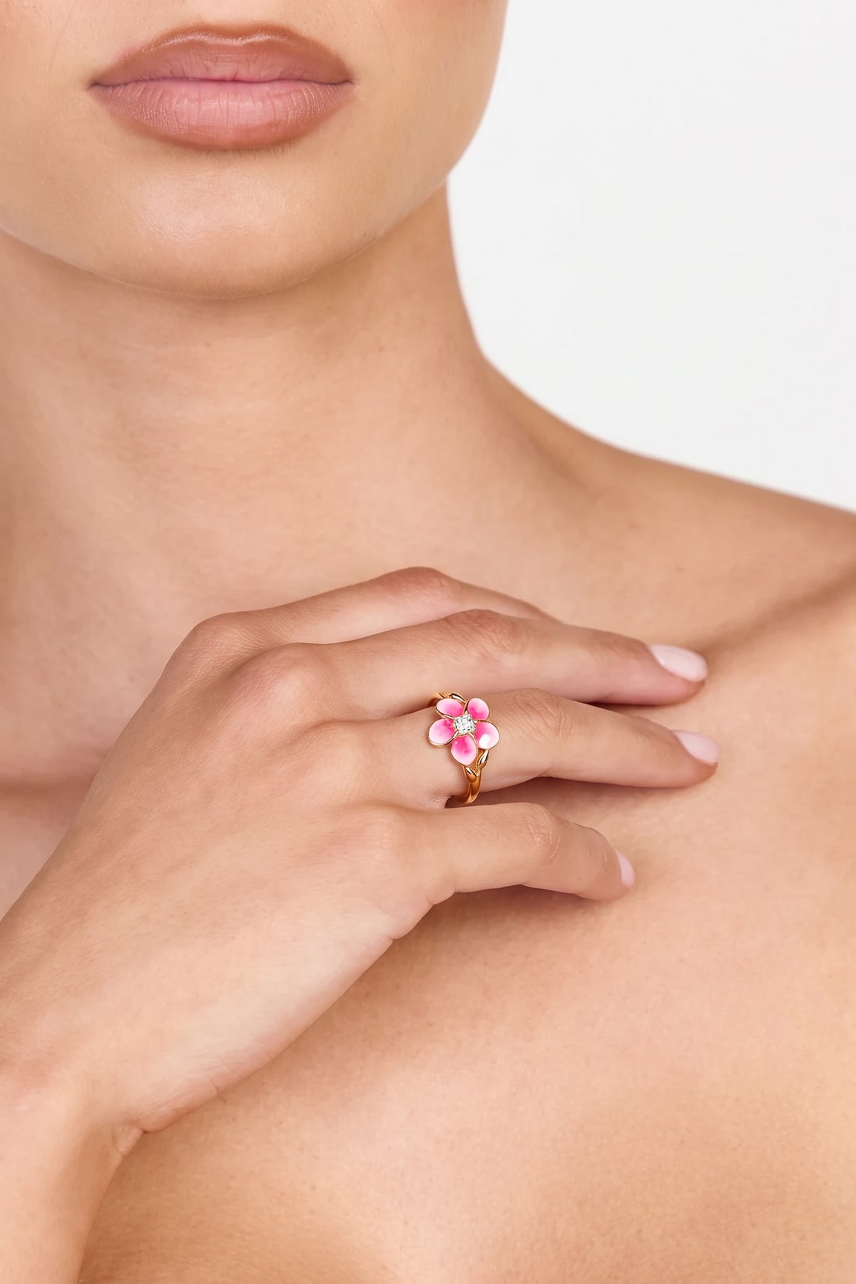 Gold Plated Ring Pink Enamel Flower