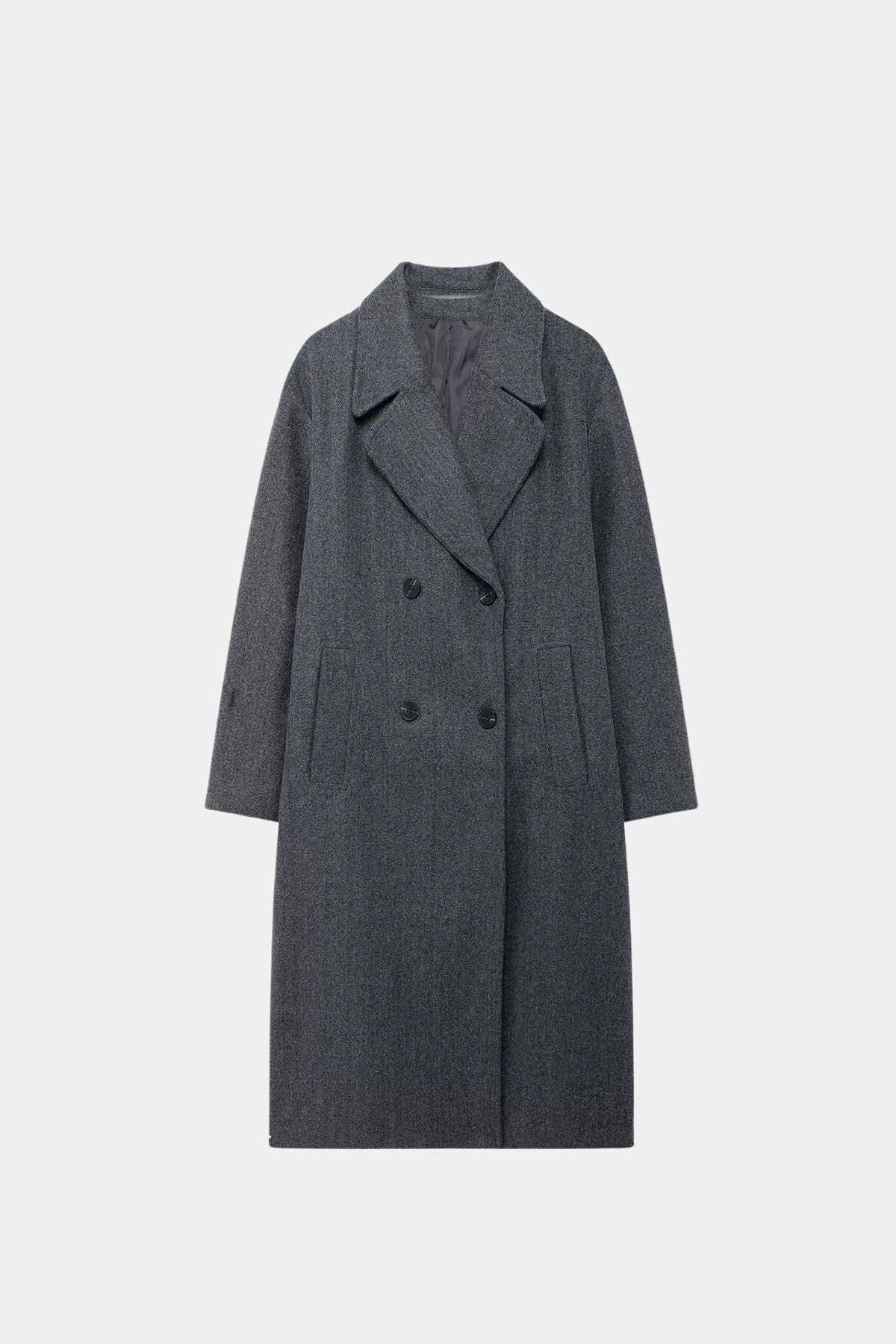 Dark grey coat long double breasted women, front